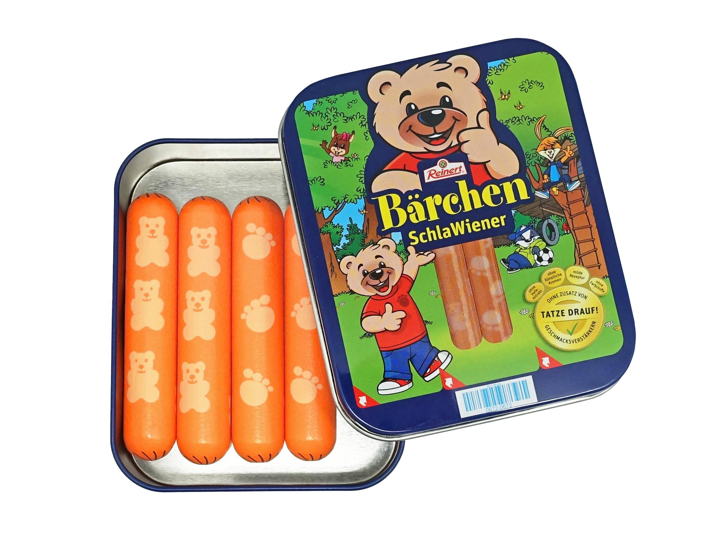 Offene Dose mit vier orangefarbenen Würstchen in Bärchenform; Deckel beschriftet mit „Reinert Bärchen SchlaWiener