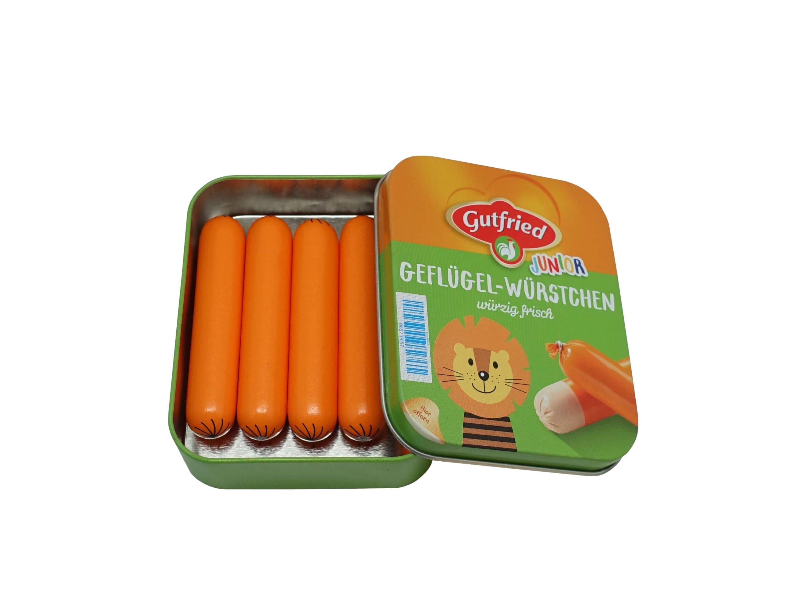 Öffne Dose mit fünf orangefarbenen Geflügel-Würstchen mit der Bezeichnung 'Gutfried Junior Geflügel-Würstchen' und einer Löwen-Illustration.
