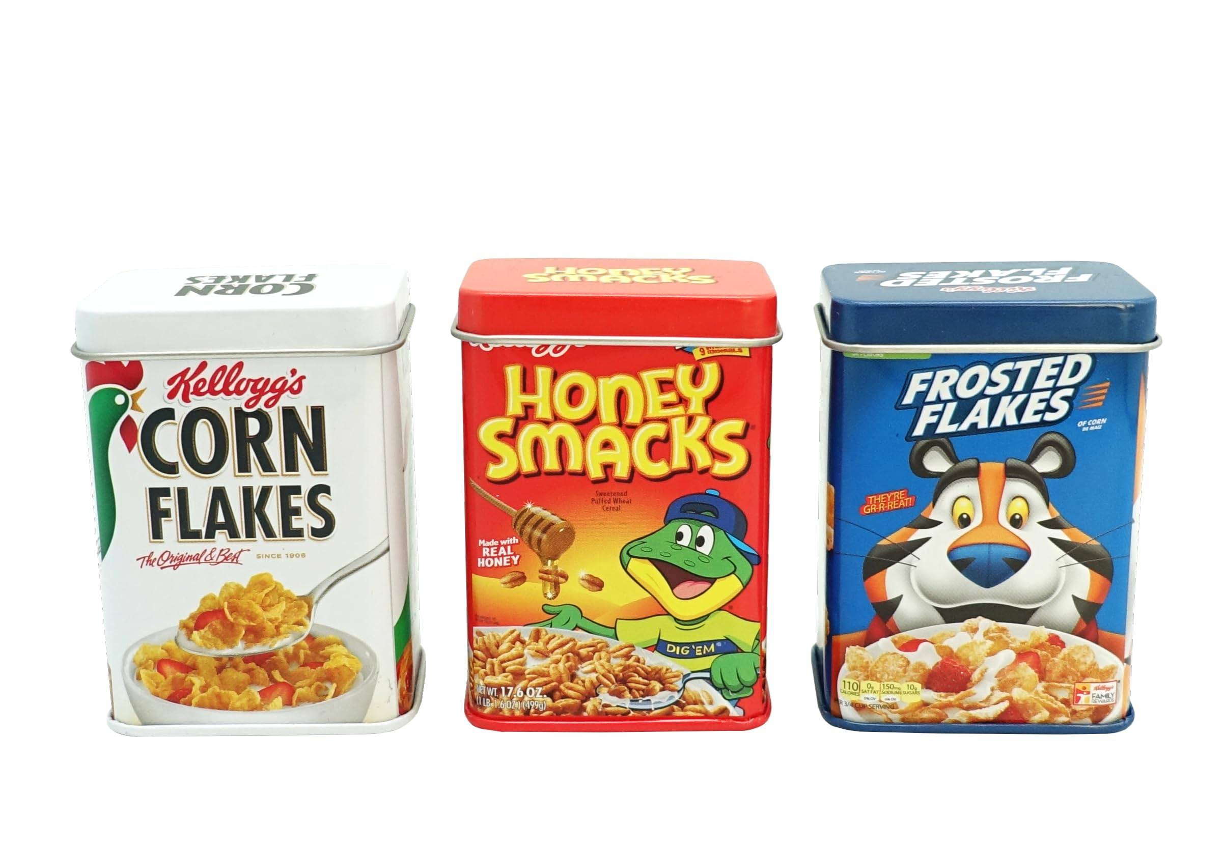 Drei Kellogg's Cerealienboxen: Corn Flakes, Honey Smacks und Frosted Flakes, nebeneinander auf weißem Hintergrund gezeigt.