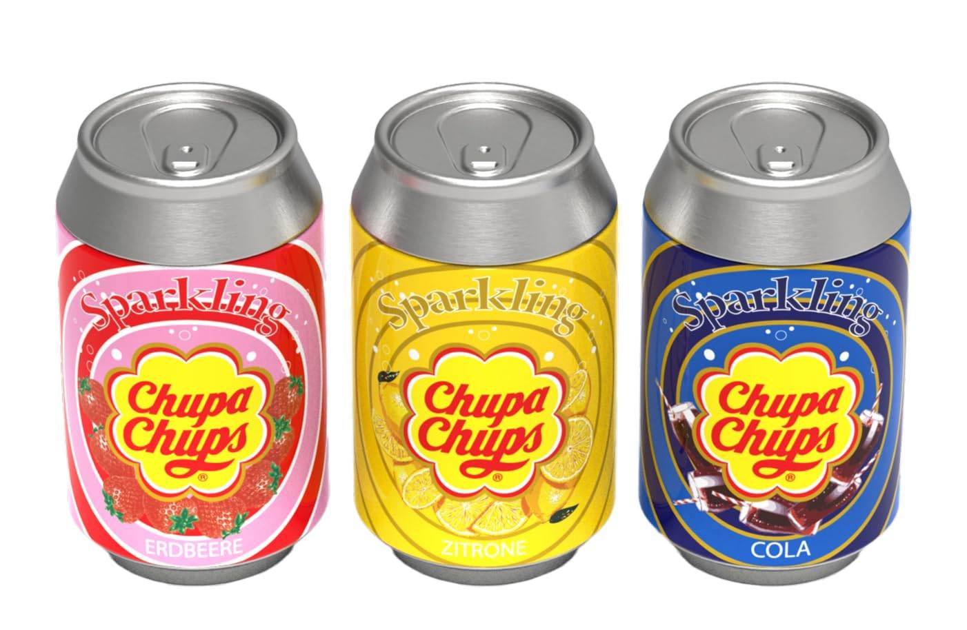Drei Chupa Chups Sprudelwasser-Dosen in Erdbeer-, Zitrone- und Cola-Geschmack nebeneinander aufgereiht.