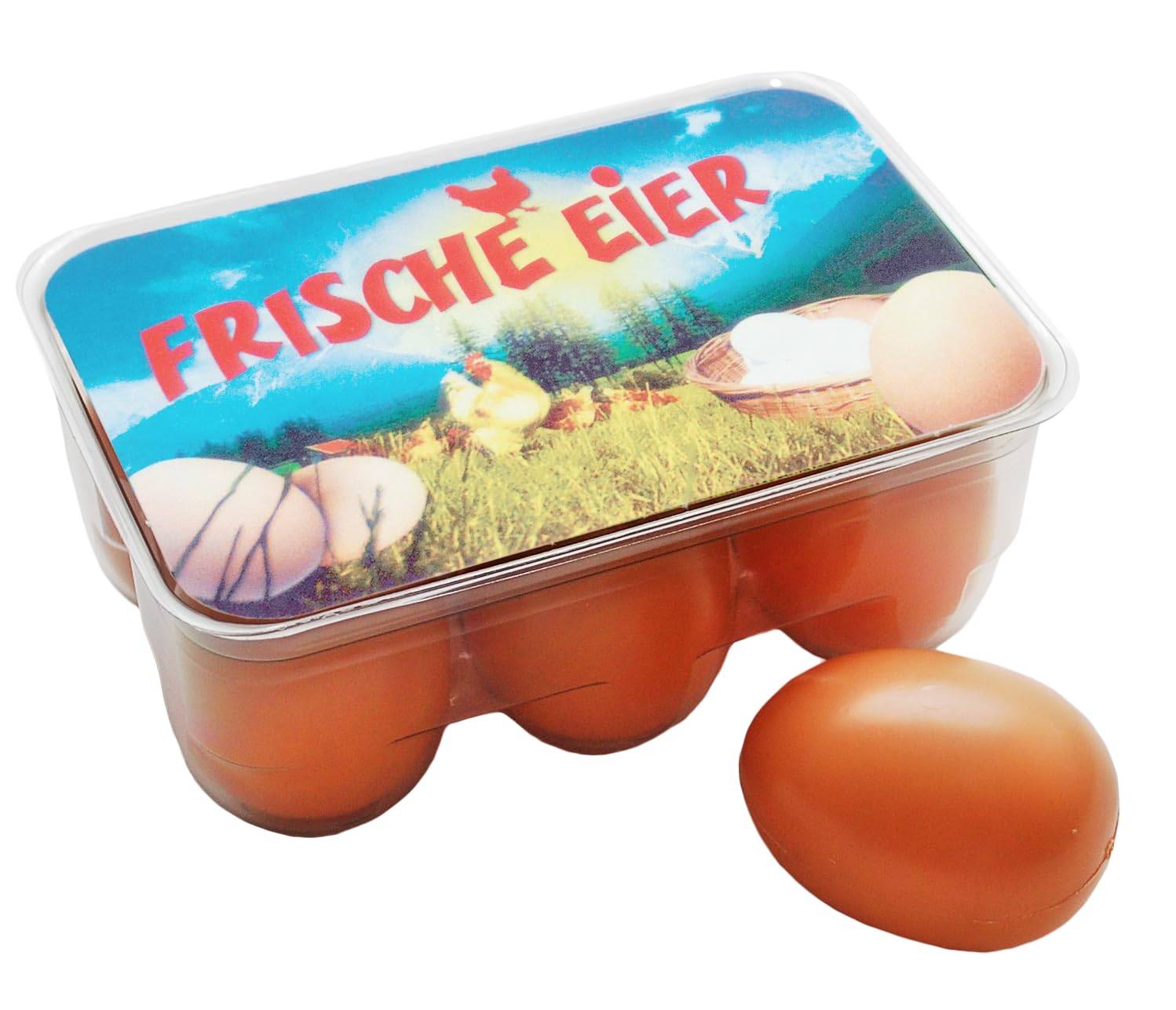 Karton mit braunen Eiern mit der Aufschrift „FRISCHE EIER