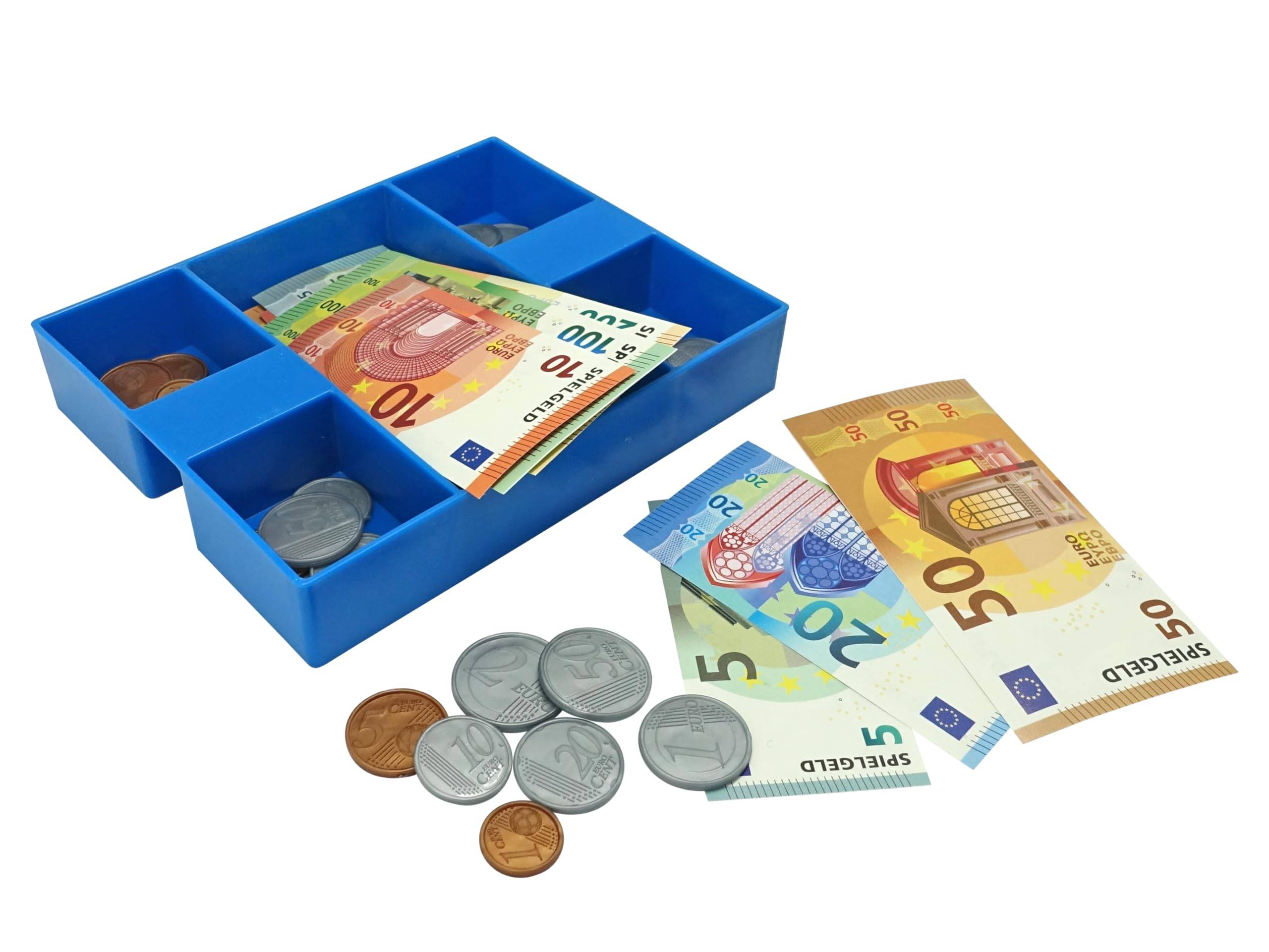 Blaues Bargeldfach mit Euro-Banknoten und verschiedenen Münzen, einige in Fächern gelagert und einige daneben ausgelegt.