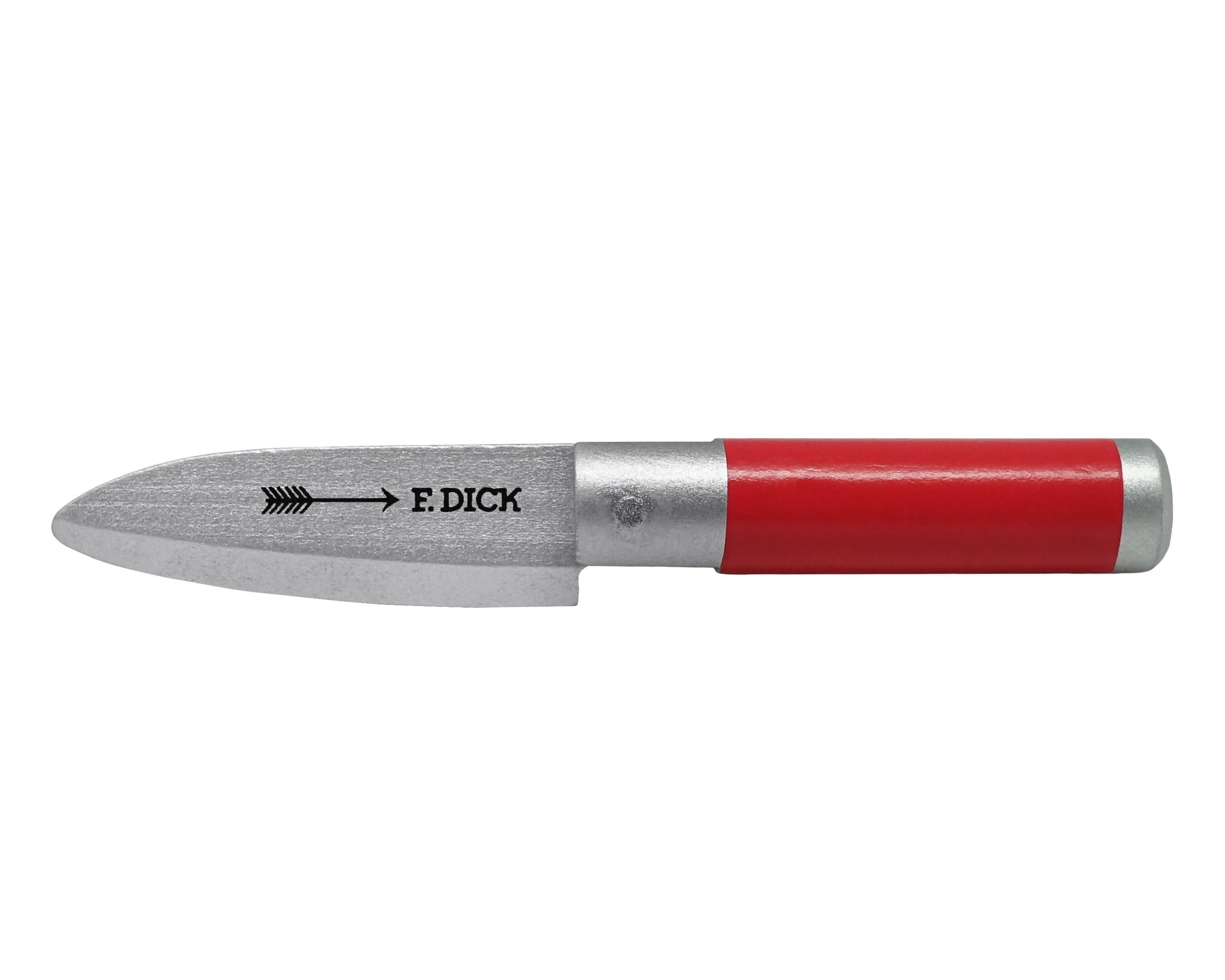 Ein Metallmesseranzünder mit einer grau zulaufenden Klinge und rotem Griff, Marke „F. DICK