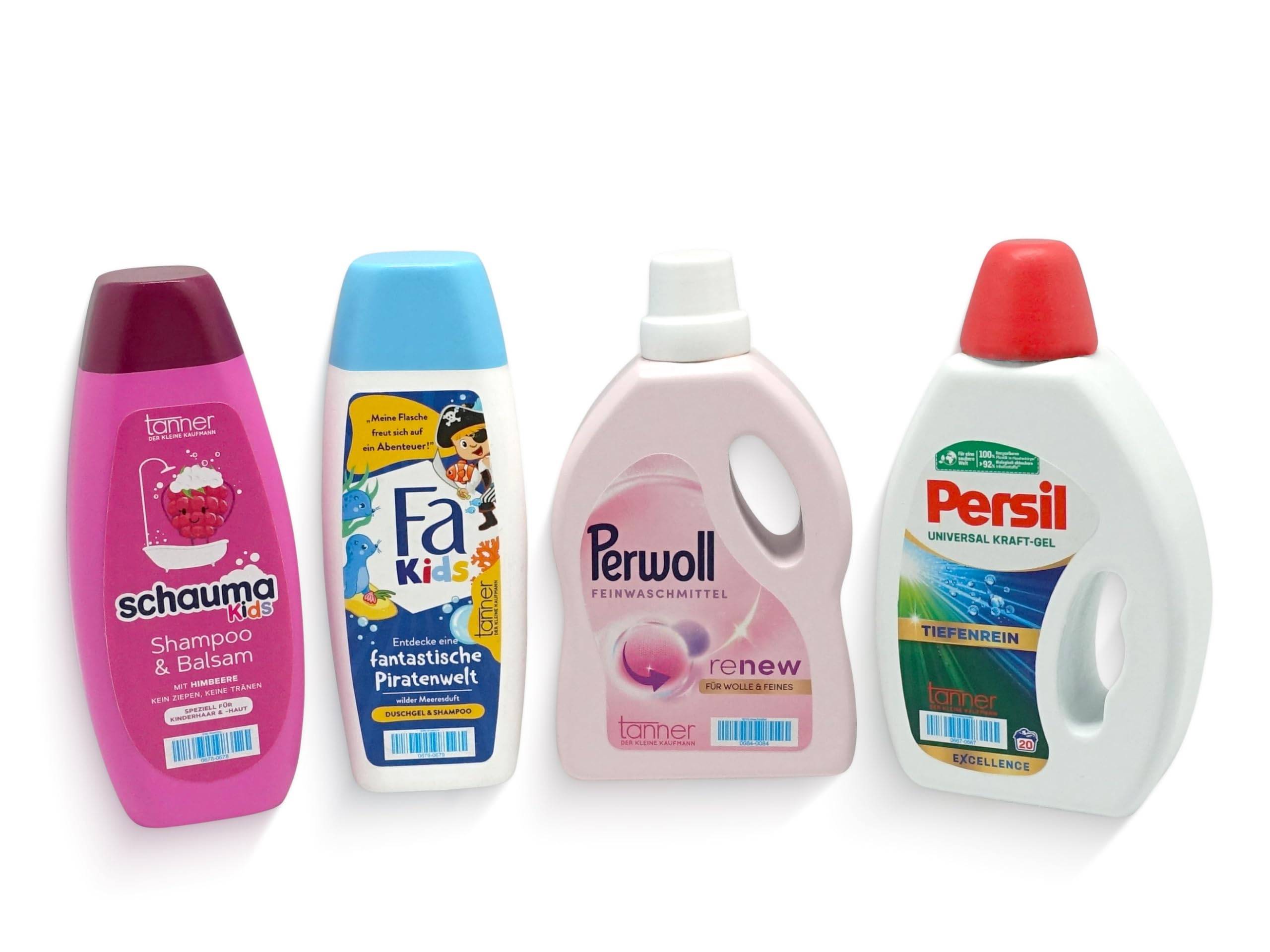 Vier verschiedene Wäsche- und Haarpflegeflaschen auf weißem Hintergrund: Schauma Kids Shampoo und Balsam, Fa Kids Duschgel, Perwoll Renew Waschmittel und Persil Waschmittel.
