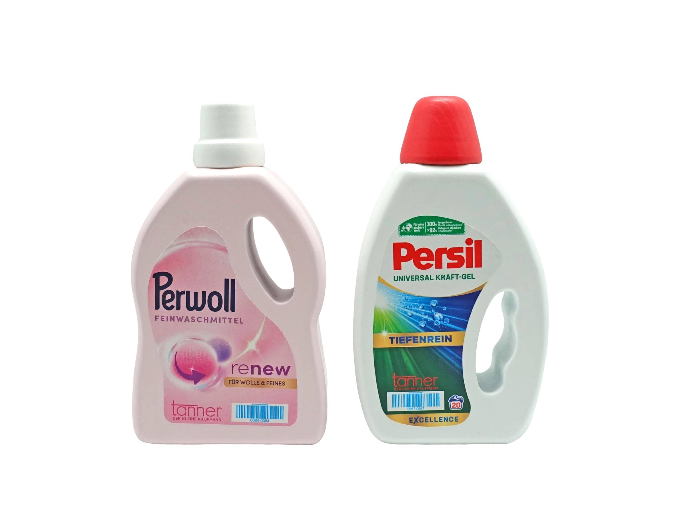 Zwei Waschmittelflaschen auf weißem Hintergrund: Perwoll Feinwaschmittel Renew in Rosa auf der linken Seite und Persil Universal Kraft-Gel mit rotem Deckel auf der rechten Seite.