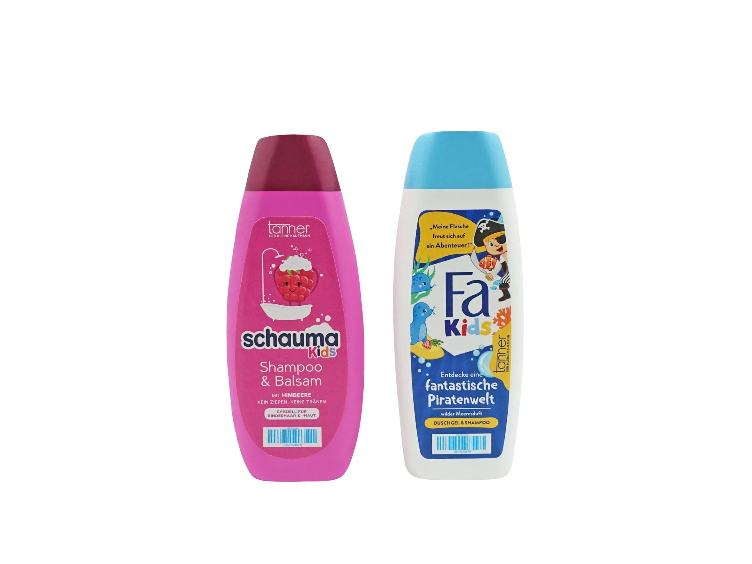 Zwei Kindershampoo-Flaschen auf weißem Hintergrund: rosa 'schauma kids Shampoo & Balsam' und weiß-blaue 'Fa Kids' Piratenmotiv-Flasche.
