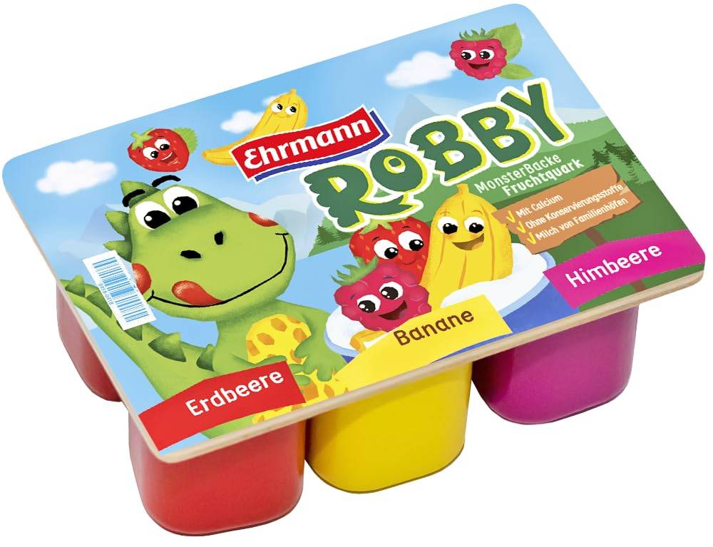 Ehrmann ROBBY Fruchtjoghurt-Packung mit Cartoon-Dinosaurier und vier Geschmacksrichtungen gekennzeichnet mit Erdbeere, Banane, Himbeere und Fruchtbrocken-Dekoration.