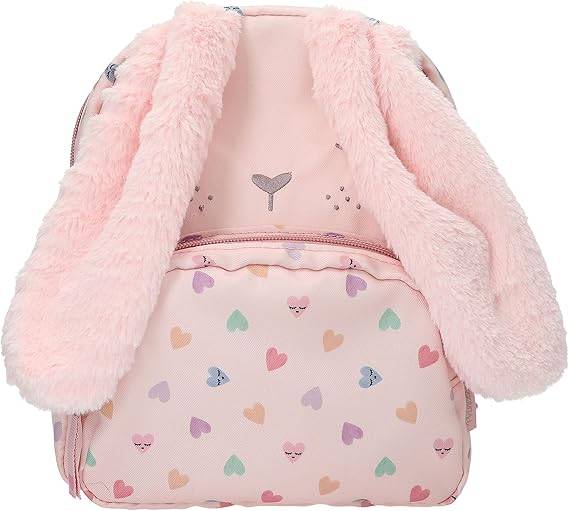 Rosa plüschiger Rucksack im Hasen-Stil mit langen floppy Ohren und Pastellherz-Muster auf der Vordertasche.
