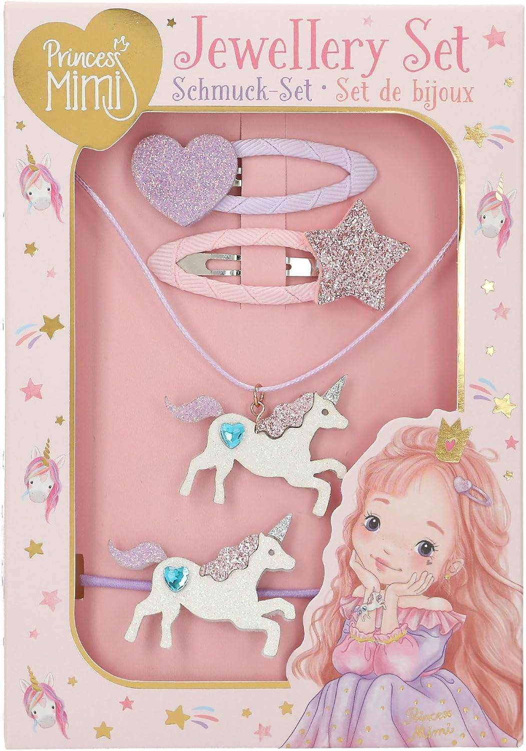 Rosa Prinzessin Mimi Schmuckset mit zwei Haarspangen, einer Halskette und zwei Einhorn-Anhängern, präsentiert in einer Geschenkbox