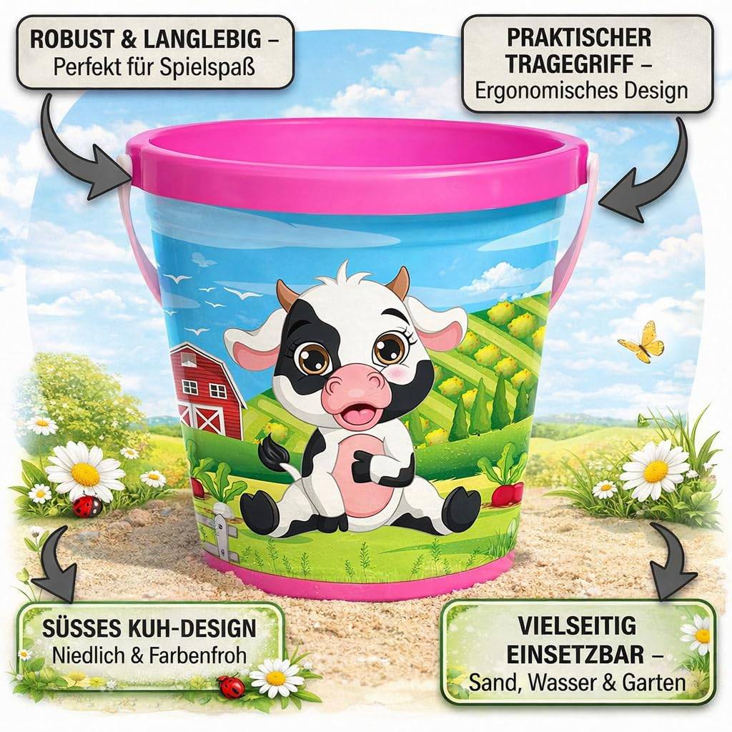 Buntes rosa-blaues Kindereimer mit Kuhdesign, dargestellt als robust, leicht zu tragen und vielseitig einsetzbar für Sand-, Wasser- und Gartenspiele.