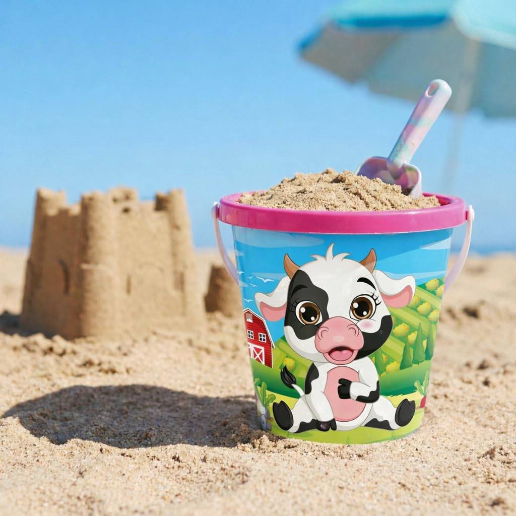 Ein Sandeimer mit Kuh-Motiv, gefüllt mit Sand und einer Schaufel, sitzt an einem sonnigen Strand, mit einer Sandburg im Hintergrund.