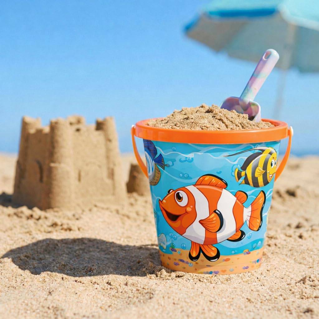 Bunter Sandeimer mit Fischgrafiken und einer Schaufel auf einem sandigen Strand, mit einer Sandburg und einem Regenschirm im Hintergrund.