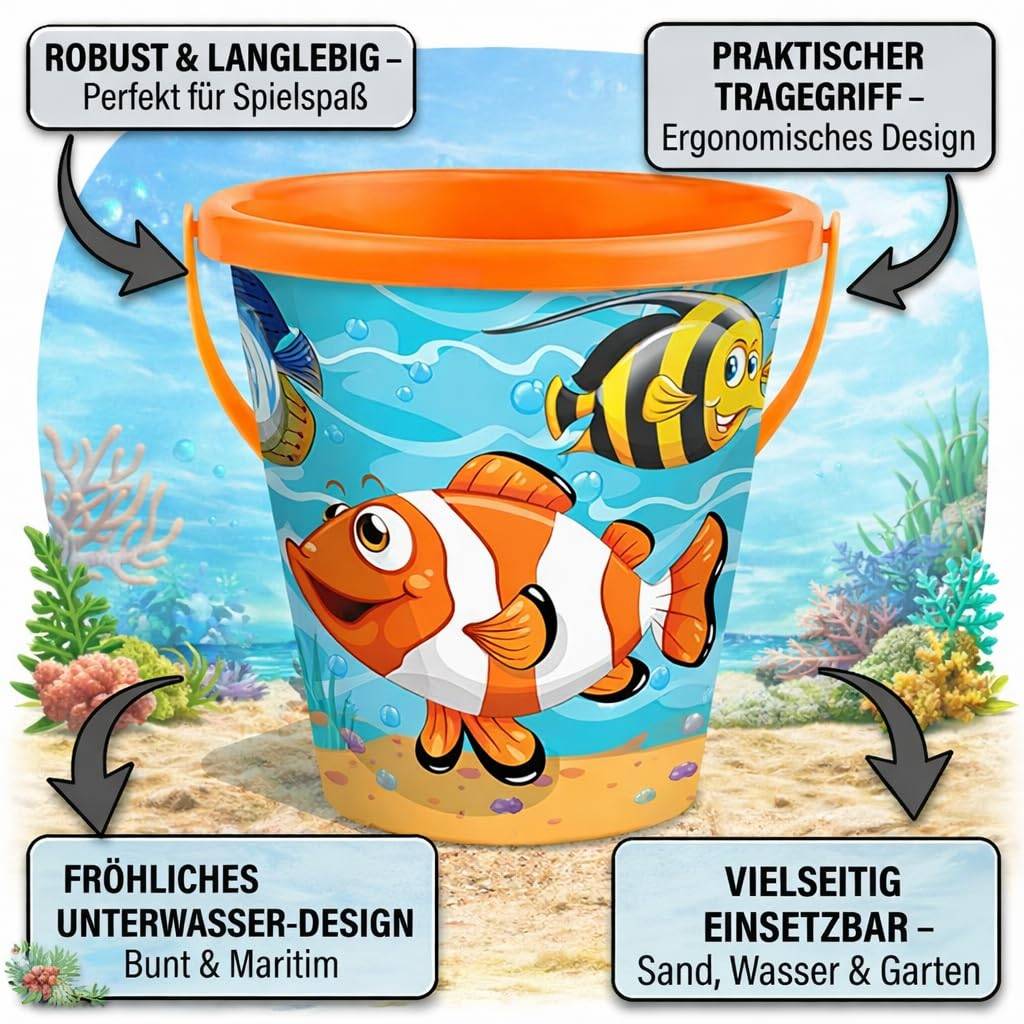 Bunter Kindereimer mit Unterwasserfisch-Design, hervorgehoben als robust, ergonomisch und vielseitig einsetzbar für Sand-, Wasser- und Gartennutzung.