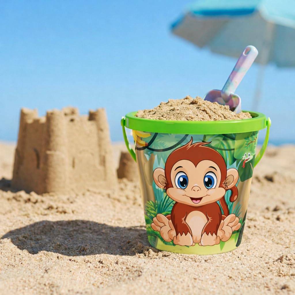 Ein affenthematischer Strandnuss gefüllt mit Sand und einer Schaufel sitzt auf dem Sand, mit einer Sandburg und einem Schirm im Hintergrund.