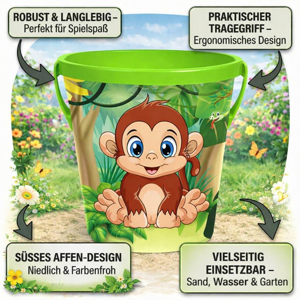 Grüner Kindereimer mit Cartoon-Affendesign, gekennzeichnet als robust, praktisch, niedlich und vielseitig einsetzbar für Sand-, Wasser- und Gartenspiele.