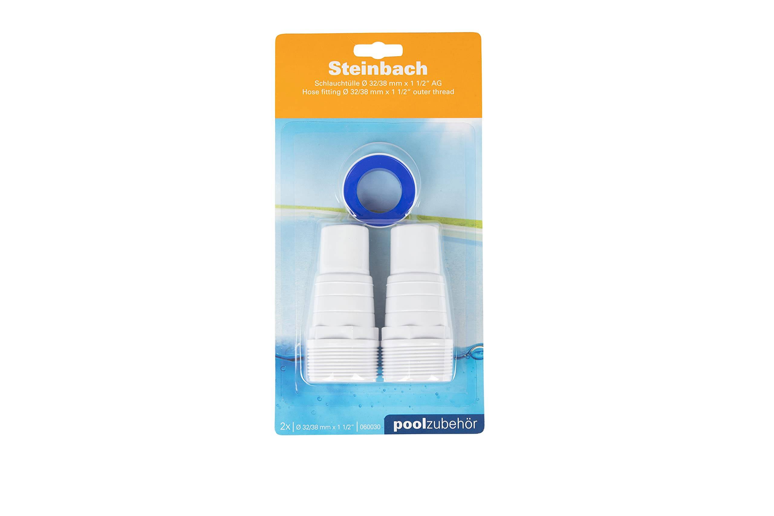 Verpackung für Steinbach-Poolzubehör mit zwei weißen Verbindungsstücken und einem blauen Ring auf einer Blistercard.