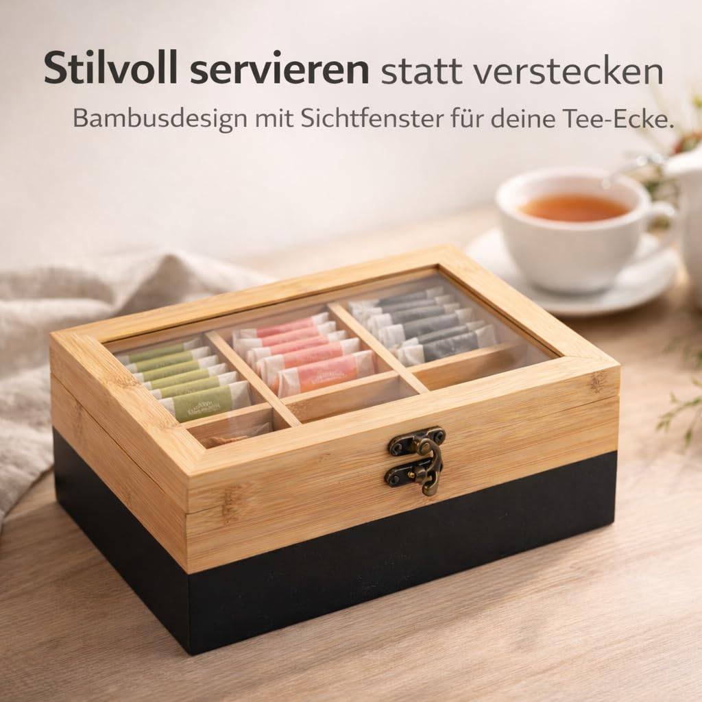 Bamboo-Teekiste mit klarem Deckel und Fächern für Teebeutel; deutscher Text sagt „Ordentlich lagern statt verstecken