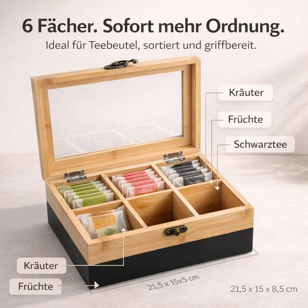 Holzteekiste mit 6 Fächern und Glasdeckel, beschriftet für Kräuter, Früchte und schwarzen Tee; dargestellt als sortierter Lagerungsorganizer.