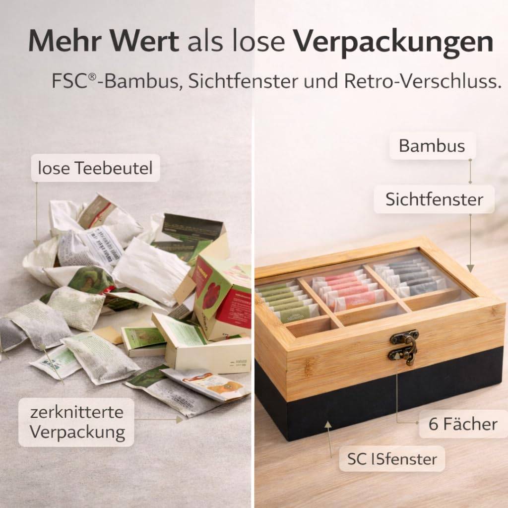 Vergleich von losen Teebeuteln gegenüber einer Bambus-Lagerungsbox mit Sichtfenster, Retro-Verschluss und 6 Fächern, als bessere Verpackungsoption im Deutschen gekennzeichnet.