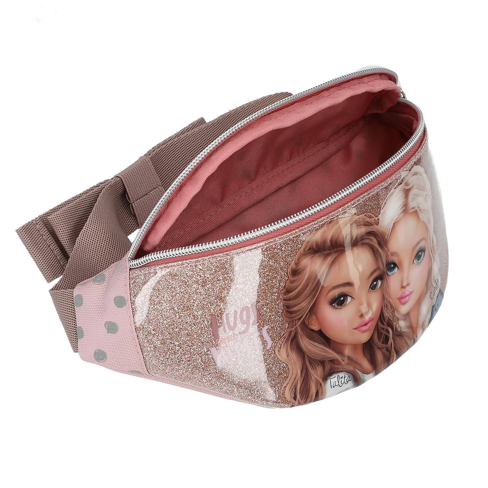 Rosa Glittertasche mit Reißverschluss und Cartoon-Prinzessinnengesichtern, offen dargestellt mit verstellbarem Riemen.