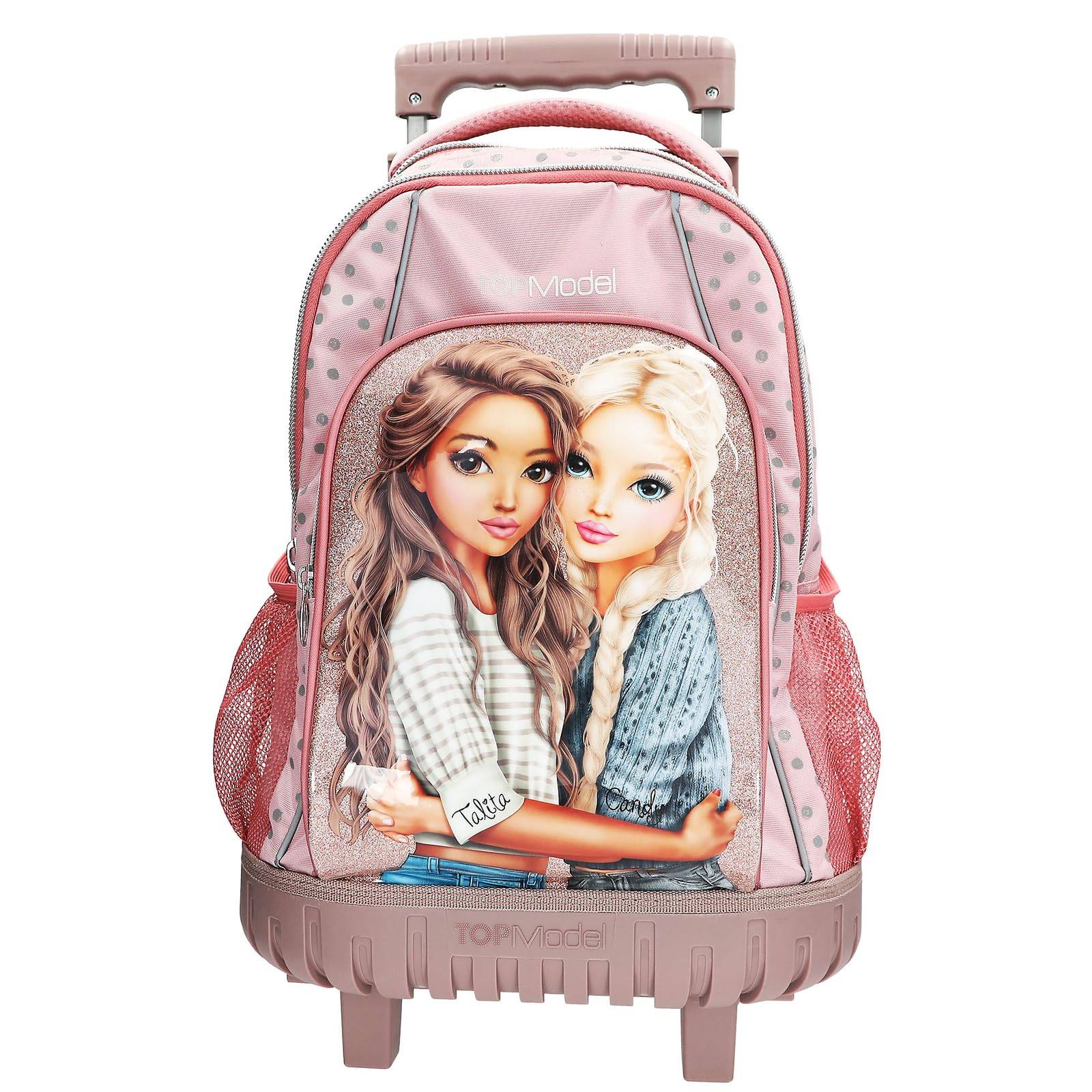 Rosa Rollrucksack mit zwei illustrierten Mädchen auf der Vorderseite und Netzstoff-Seitentaschen, auf weißem Hintergrund abgebildet.
