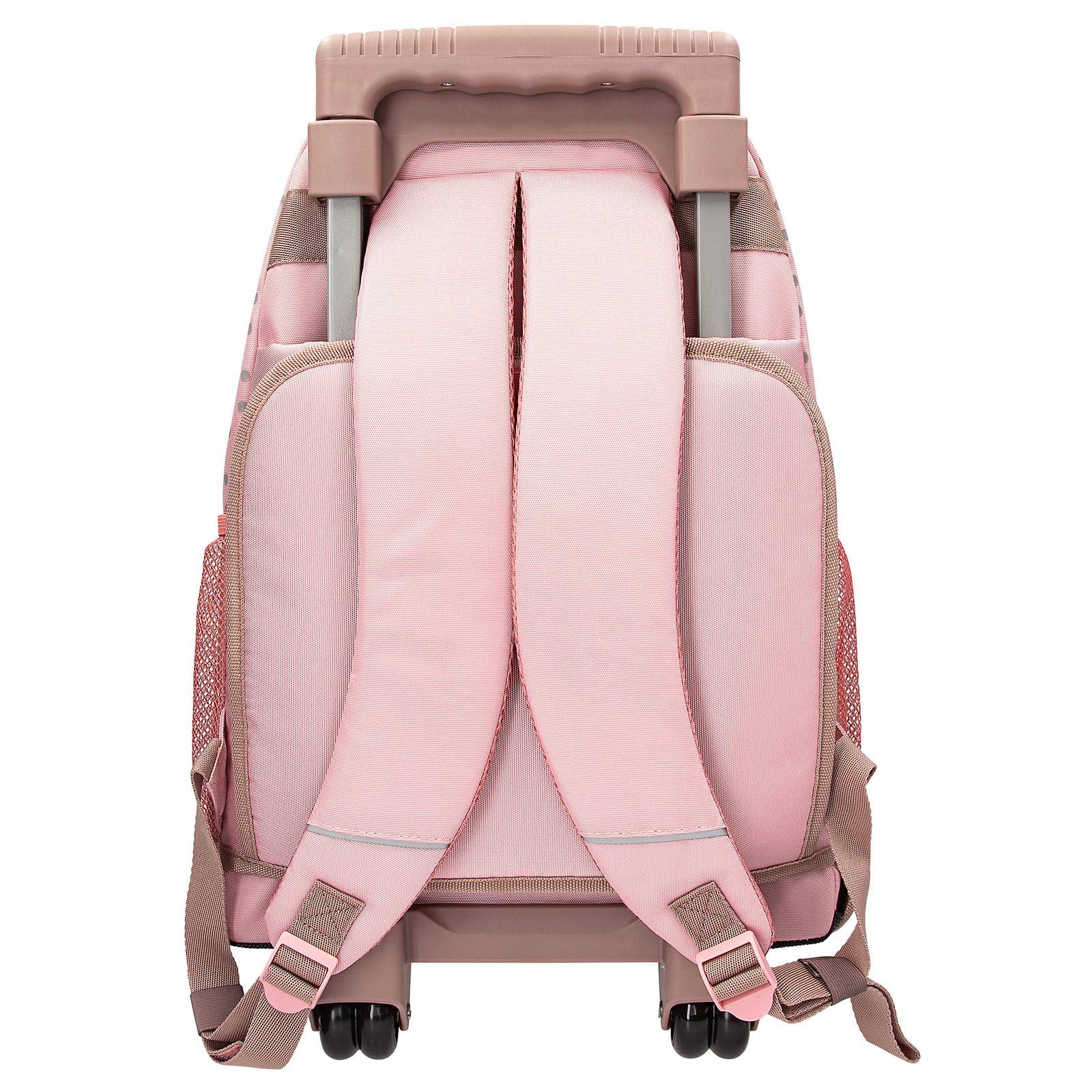 Rosa Rucksack mit Rollen von hinten gezeigt, mit gepolsterten Schultergurten, Seitentaschen und ausfahrbarem Griff zum Rollen.