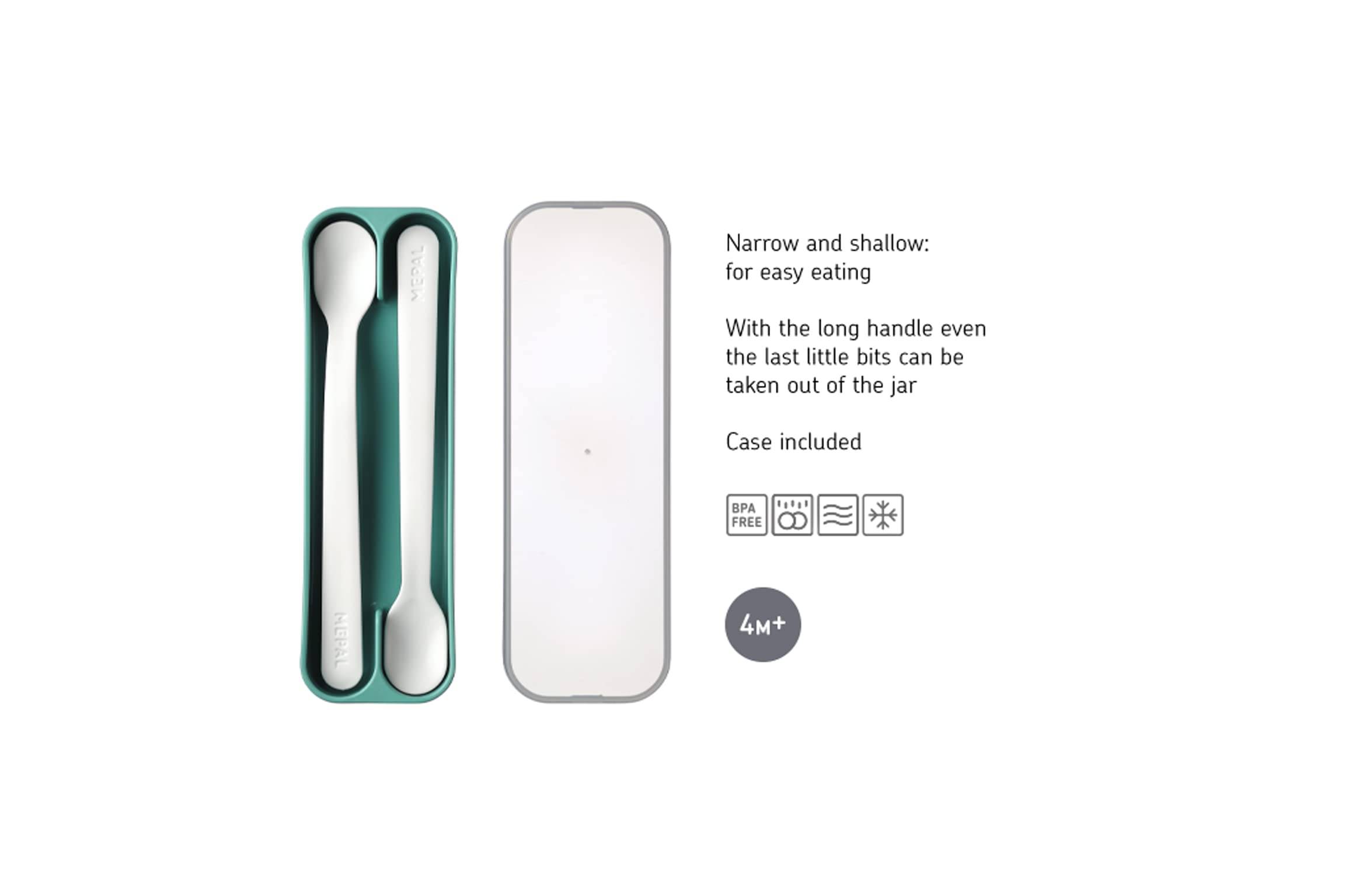 Babybesteck-Set mit Löffel und Gabel in einem schmalen Etui, dargestellt mit dem Text: „Schmal und flach für einfaches Essen", „Mit dem langen Griff können auch die letzten Reste aus dem Glas entnommen werden"", „Etui inklusive"", ab 4 Monaten