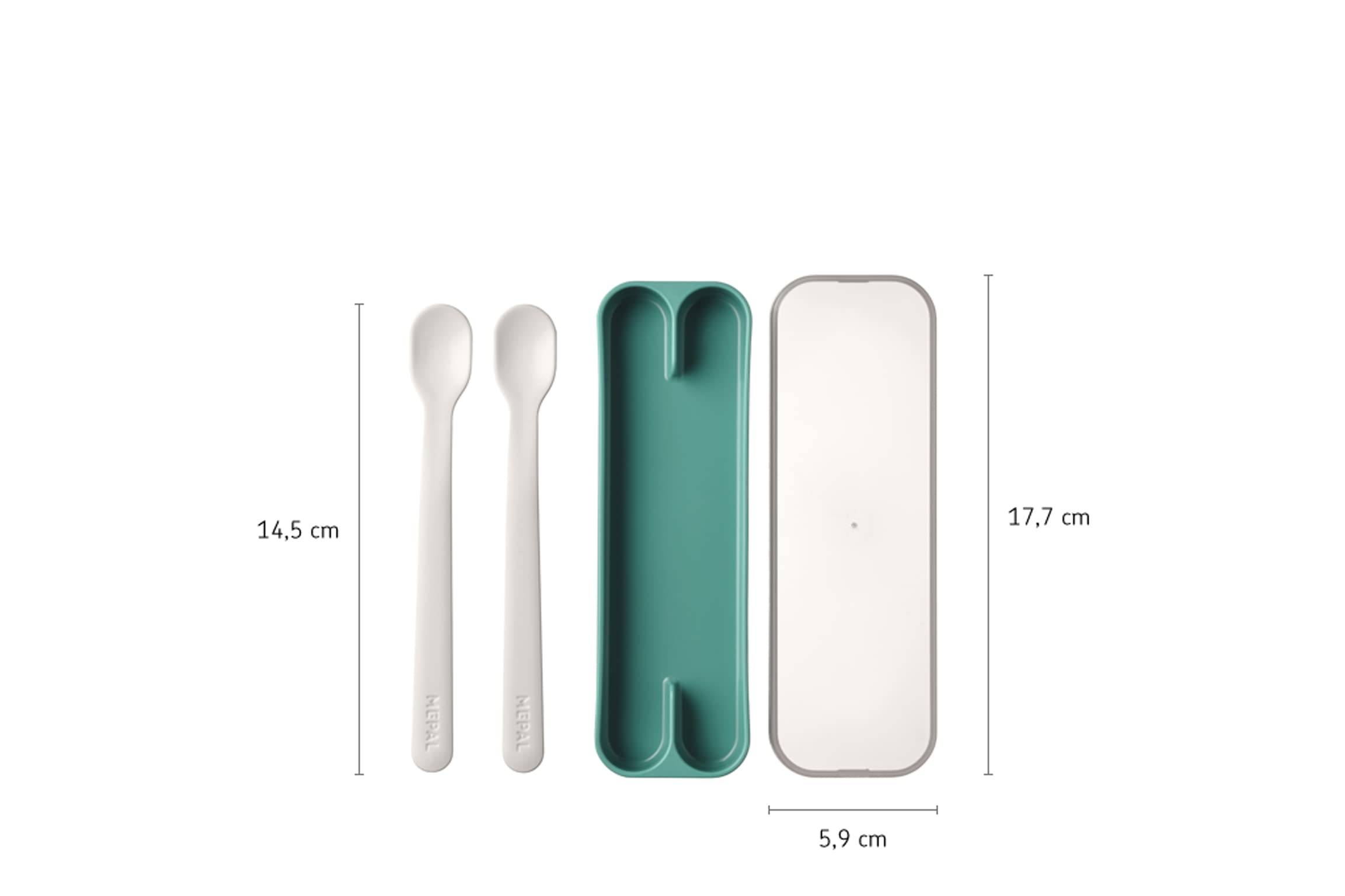 Wiederverwendbarer Bestecksatz mit zwei weißen Löffeln, einem grünen Transportetui und einem weißen Deckel; Größenetiketten zeigen 14,5 cm und 17,7 cm, mit einer Etui-Breite von 5,9 cm.