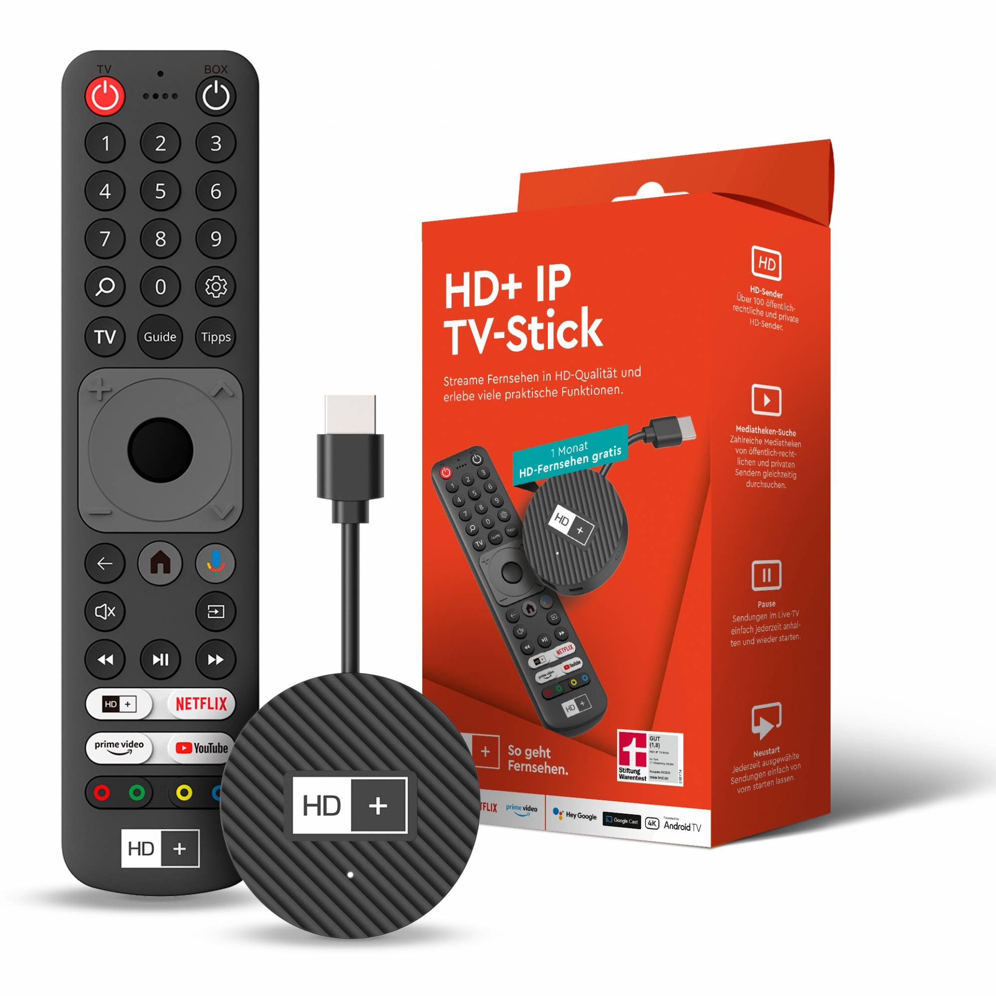 HD+ IP TV-Stick Bundle mit Fernbedienung, rundem HDMI-Dongle und orangefarbiger Produktbox auf weißem Hintergrund.