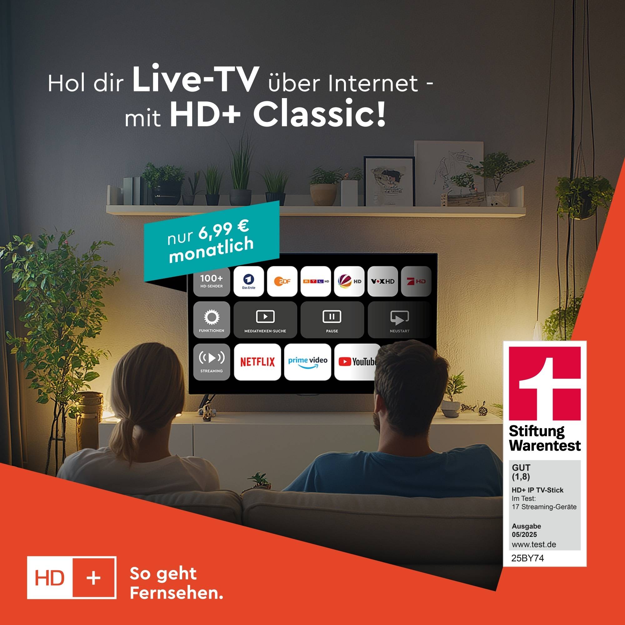 HD+ IP TV-Stick 4K UHD, Android TV, inkl. 1 Monat HD+ IP, über 100 HD-Sendern