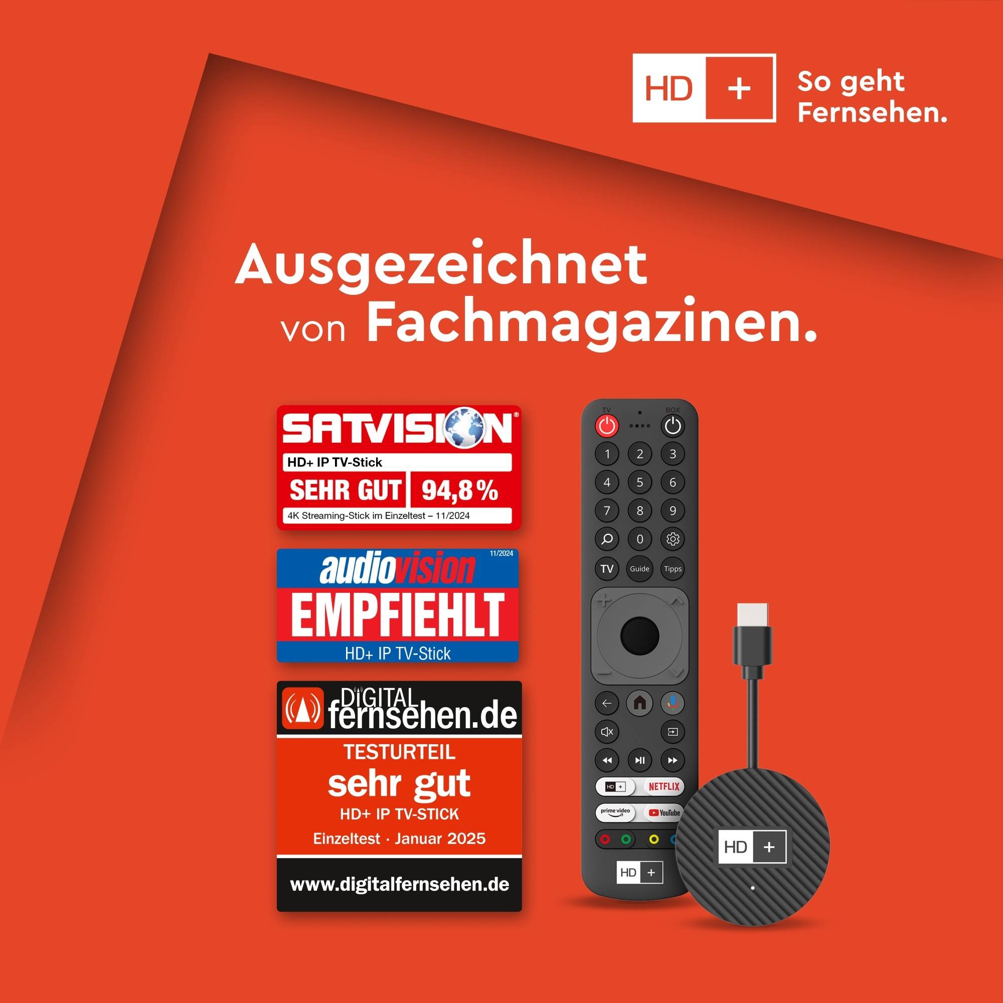 Orange Werbung für HD+ Streaming-Stick und Fernbedienung, mit deutschem Claim „Ausgezeichnet von Fachmagazinen
