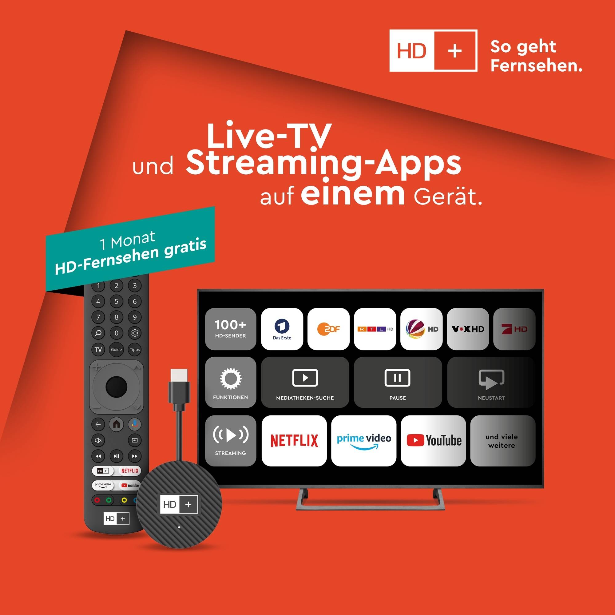 HD+ IP TV-Stick 4K UHD, Android TV, inkl. 1 Monat HD+ IP, über 100 HD-Sendern
