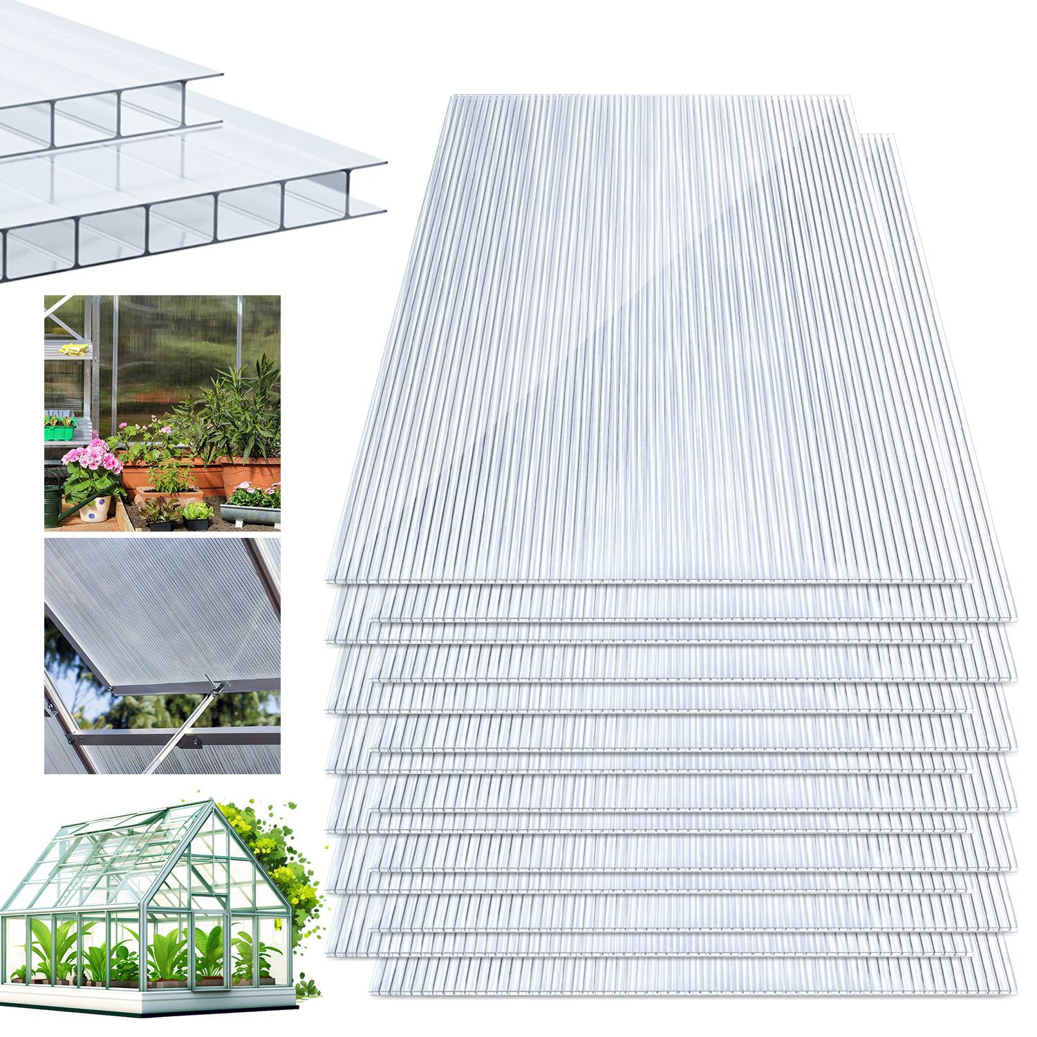 Stapel von transparenten gewellten Polycarbonat-Gewächshauselementen mit Beispielbildern, die die Verwendung als Dach, Terrassenüberdachung und Gewächshausverglasung zeigen.