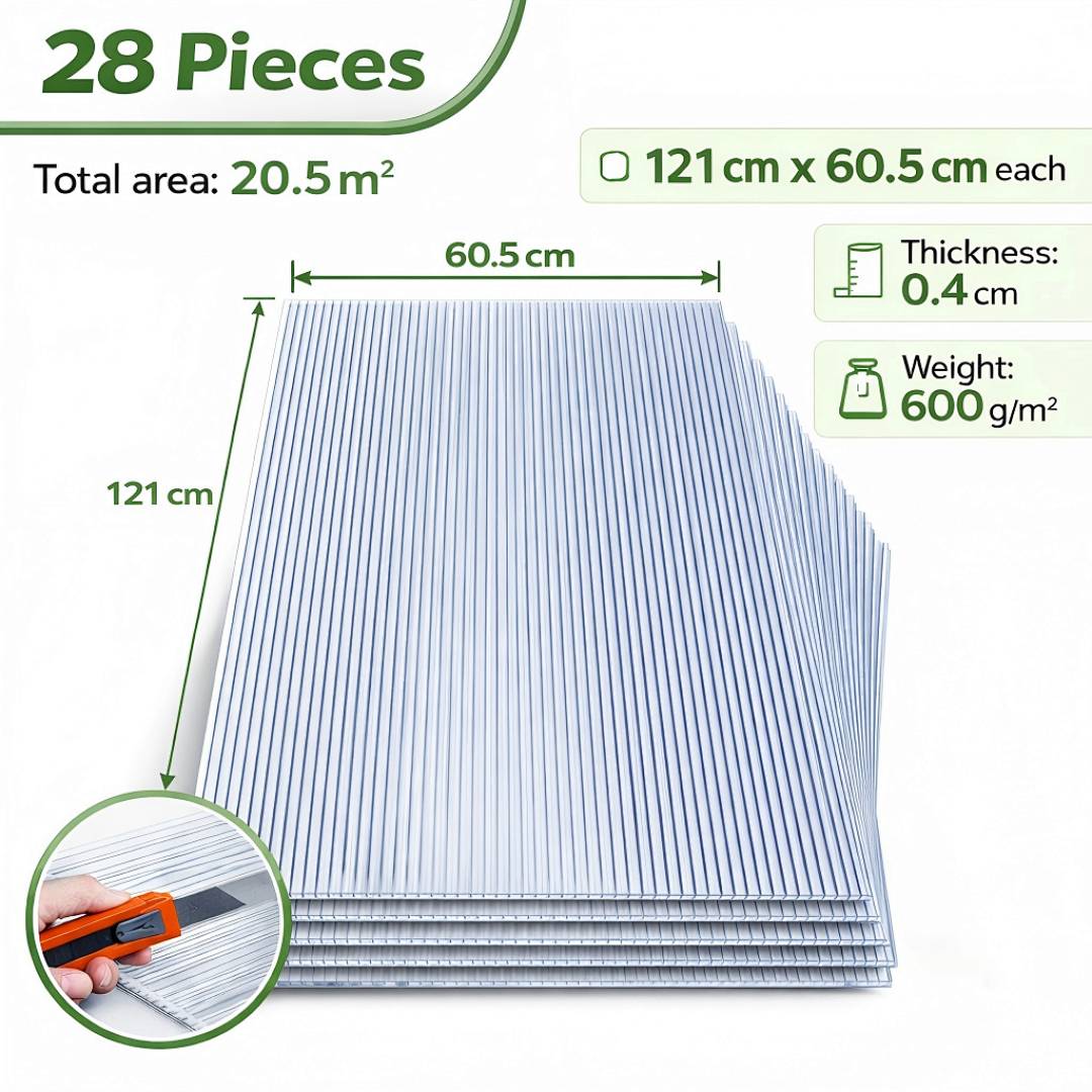 Produktinfografik mit 28 wellpapierwellblechtafeln, je 121 cm × 60,5 cm, Gesamtfläche 20,5 m², Stärke 0,4 cm, Gewicht 600 g/m².