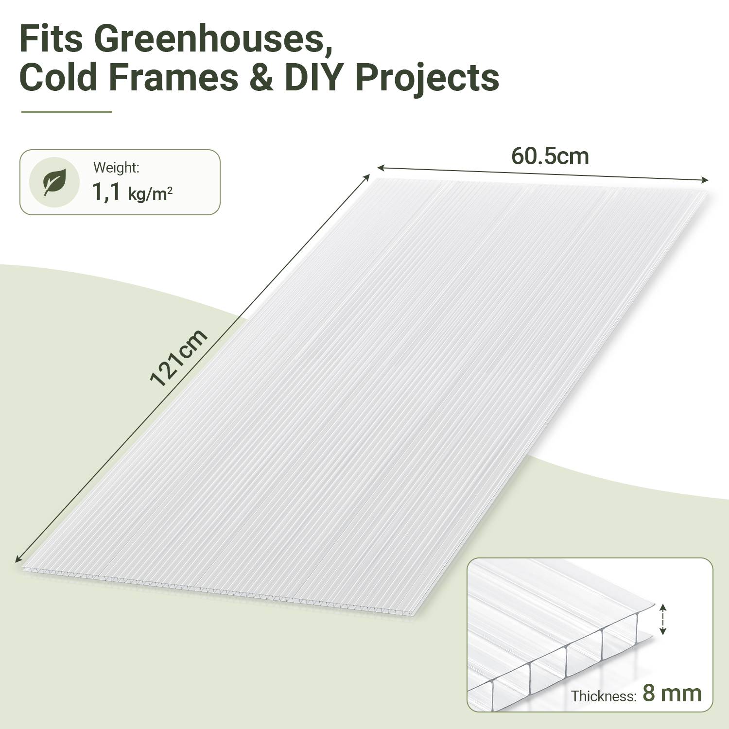 Produktgrafik eines durchsichtigen wellplattenförmigen Gewächshausdaches für Gewächshäuser, Frühbeete und DIY-Projekte, mit den Maßen 121 cm mal 60,5 cm, 8 mm dick, Gewicht 1,1 kg/m².