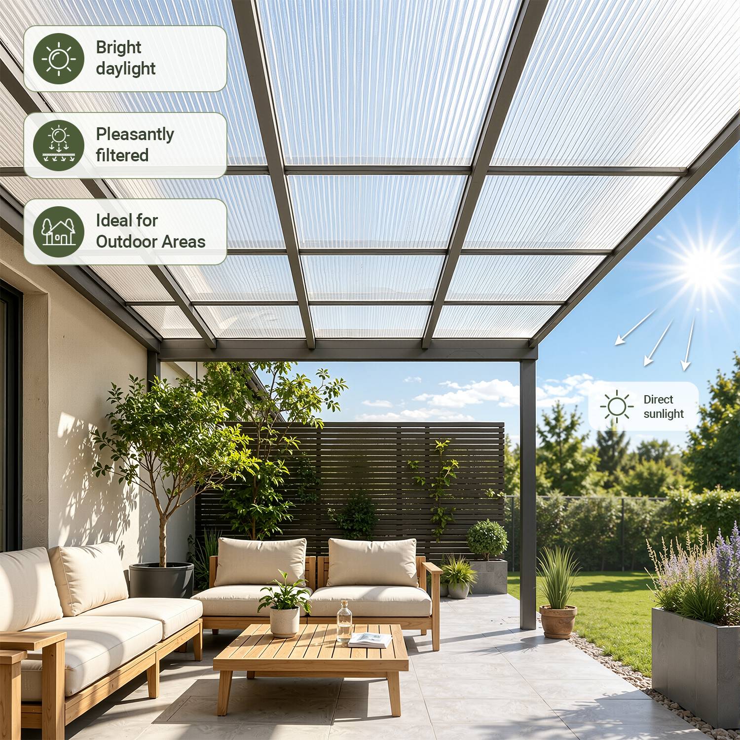 Terrasse unter einer durchsichtigen Pergola mit hellem, gefiltertem Tageslicht; Beschriftungen weisen darauf hin, dass sie ideal für Außenbereiche ist und direkte Sonneneinstrahlung reduziert.