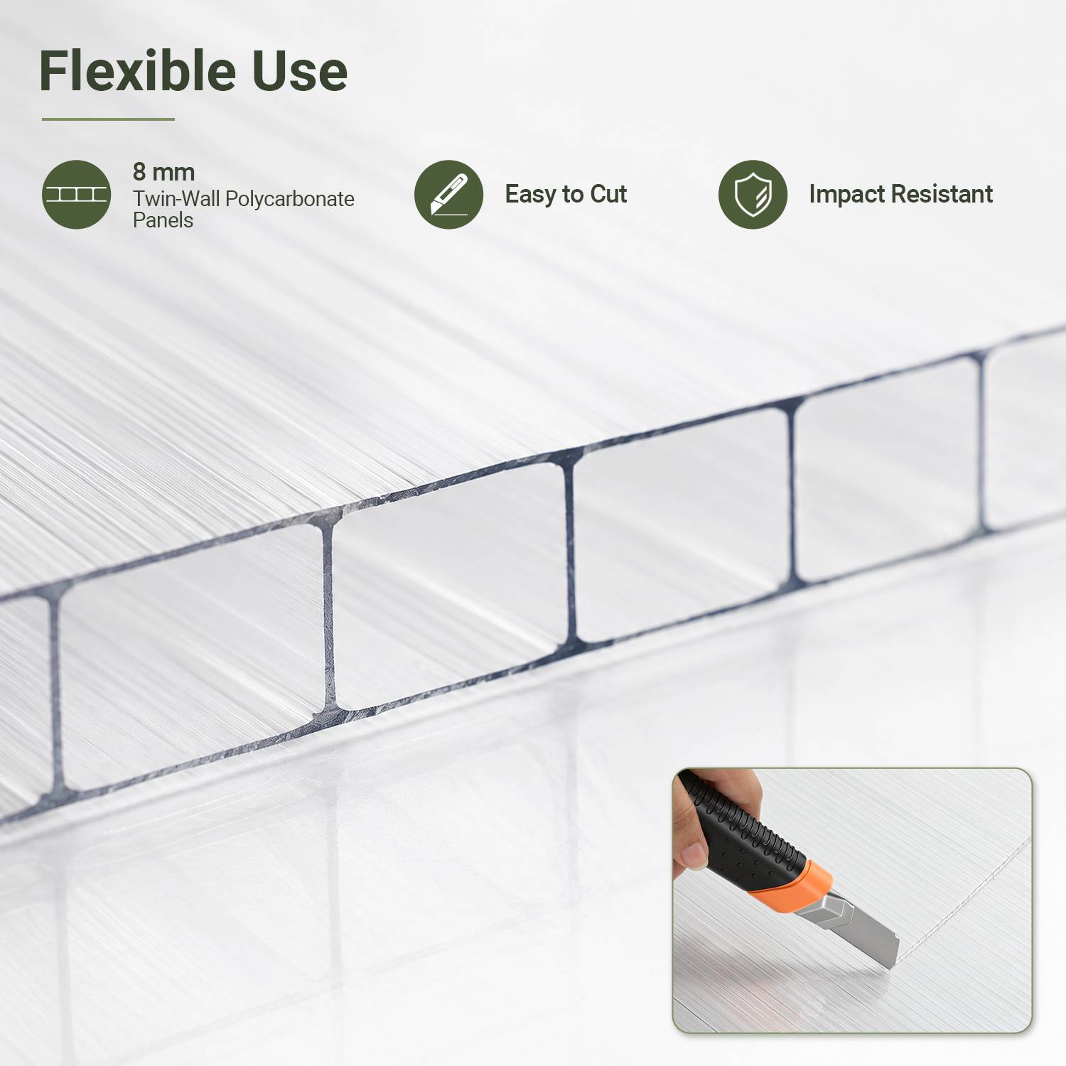 Werbegrafikly für "Flexible Nutzung"" mit 8 mm Doppelstegpolycarbonat-Platten, leicht zu schneiden und schlagfest, mit einer Nahaufnahme beim Schneiden der Platte.