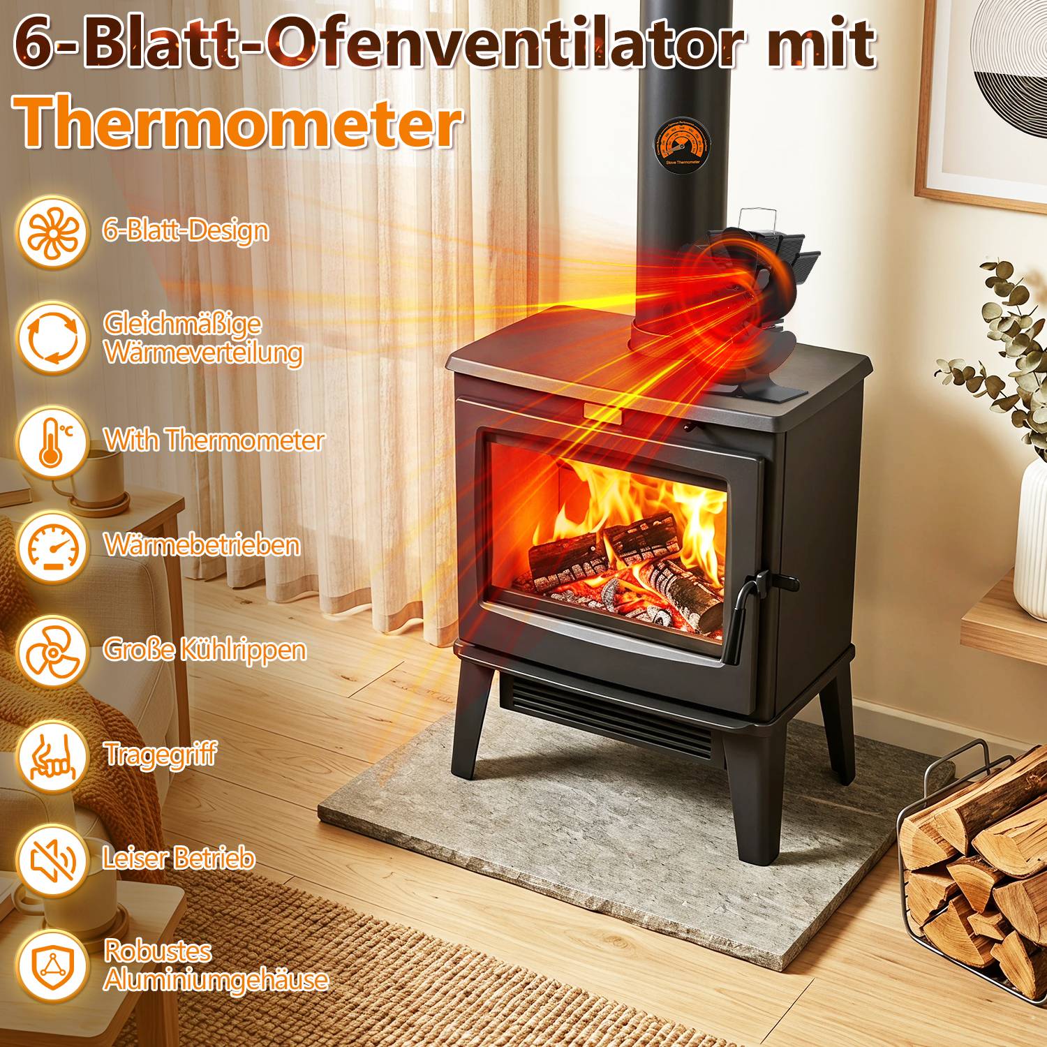 Kaminofen Ventilator 6 Flügeln Kaminventilator, ohne Strom, Ofenventilator inkl. Thermometer für Kamin, Kaminöfen, Holzöfen, Öfen, leise
