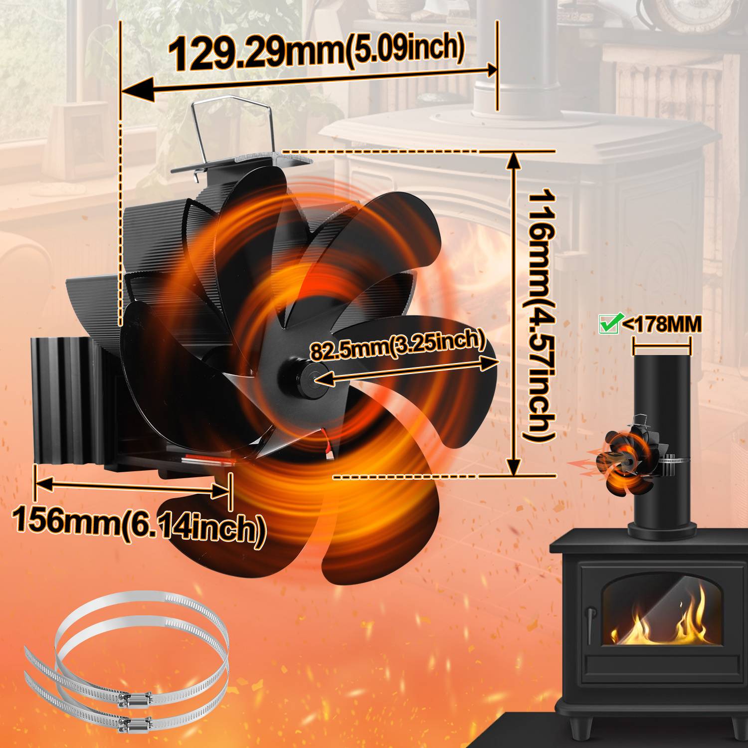 Kamin Ventilator mit 6 Flügeln, Magnetbefestigung, 2 Schellen, leiser Ofenventilator für Holz- und Gasöfen