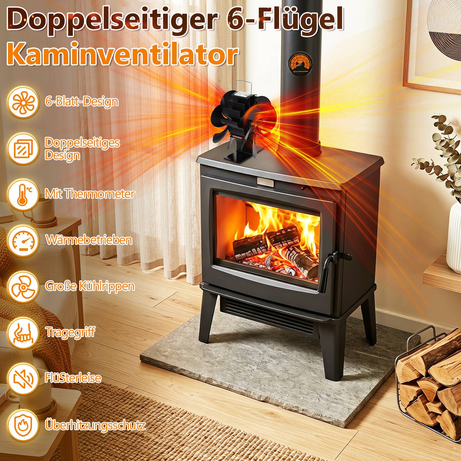 Kamin Ventilator mit 6 Flügeln, doppelseitiger Luftverteilung, Thermometer und Überhitzungsschutz, Schwarz