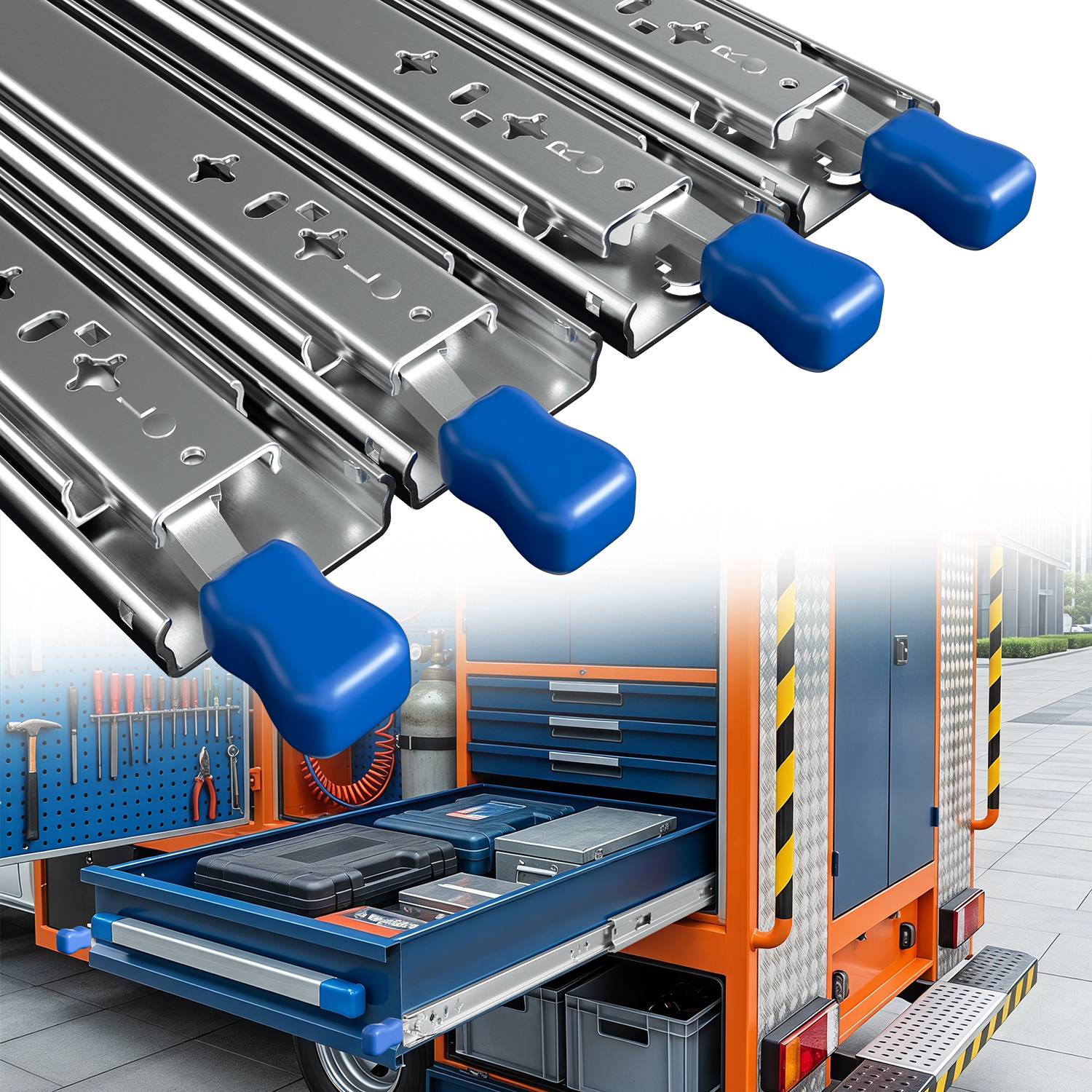 Industrielle Werkzeugschrank-Schubladen mit Metallschienen und blauen Griffen, in Nahaufnahme über einer mobilen Werkstatt-Schubladeneinheit gezeigt.