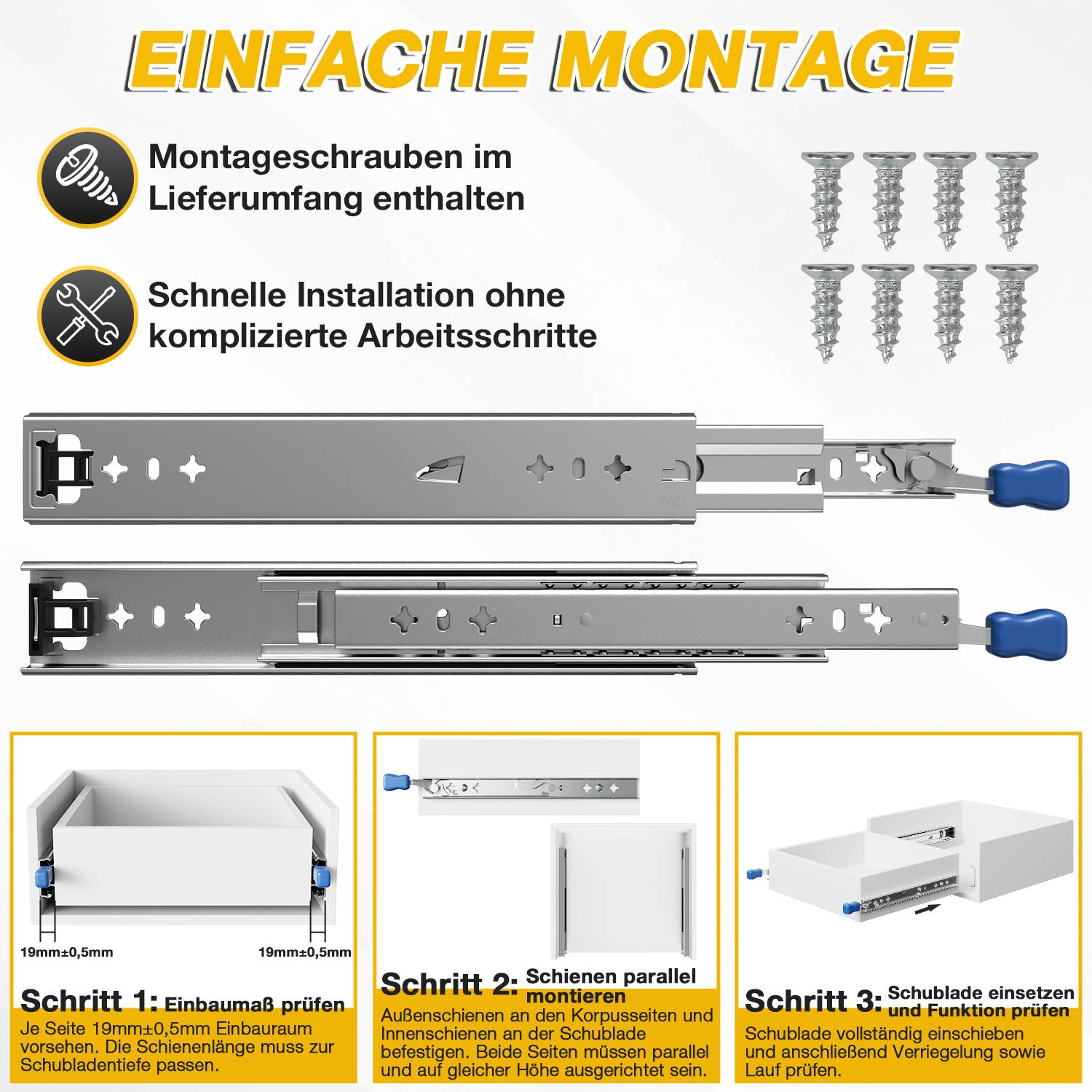 Schubladenauszüge mit Vollauszug und Sicherheitsverriegelung, 53 mm breit, Tragkraft bis 102kg, 2 Stück, 750mm