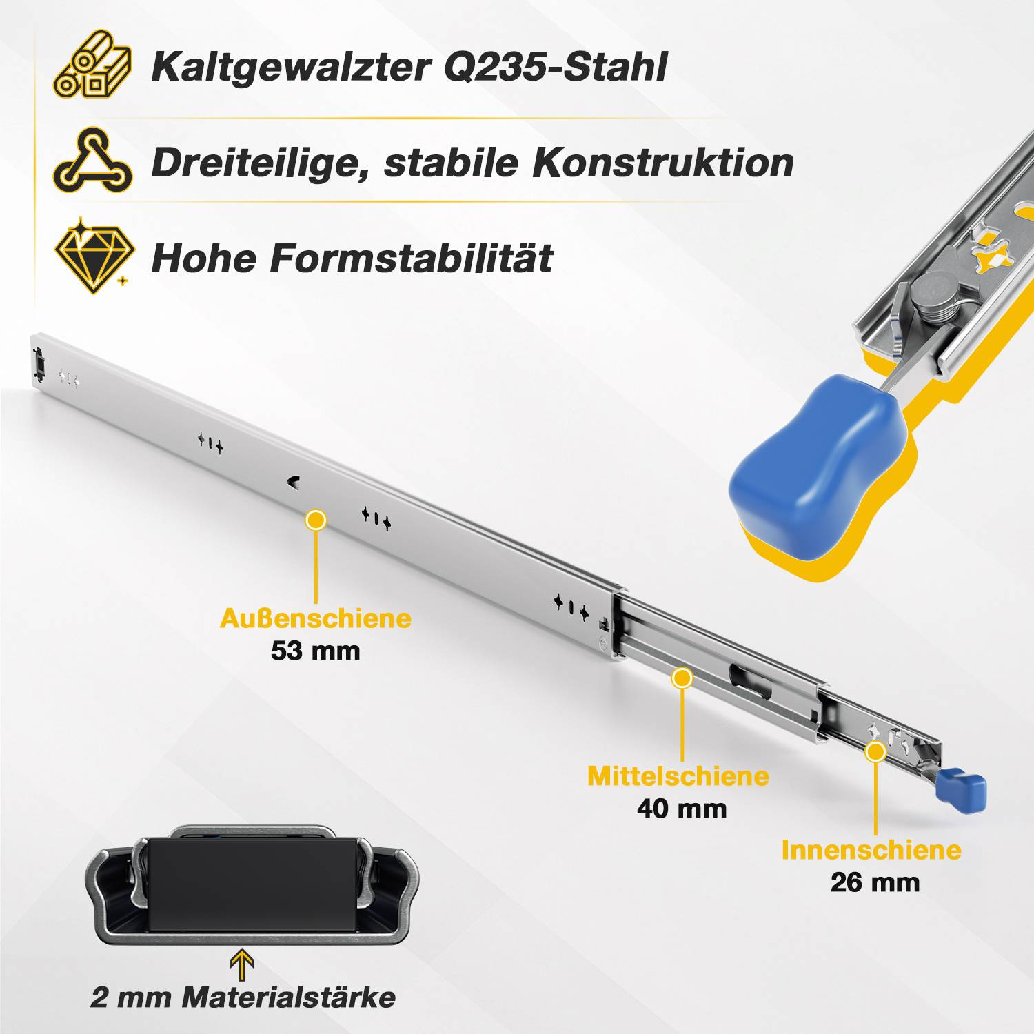 Darstellung einer dreiteiligen Stahlschubladenschiene mit 53 mm Außenschiene, 40 mm Mittelschiene, 26 mm Innenschiene und 2 mm Materialstärke.