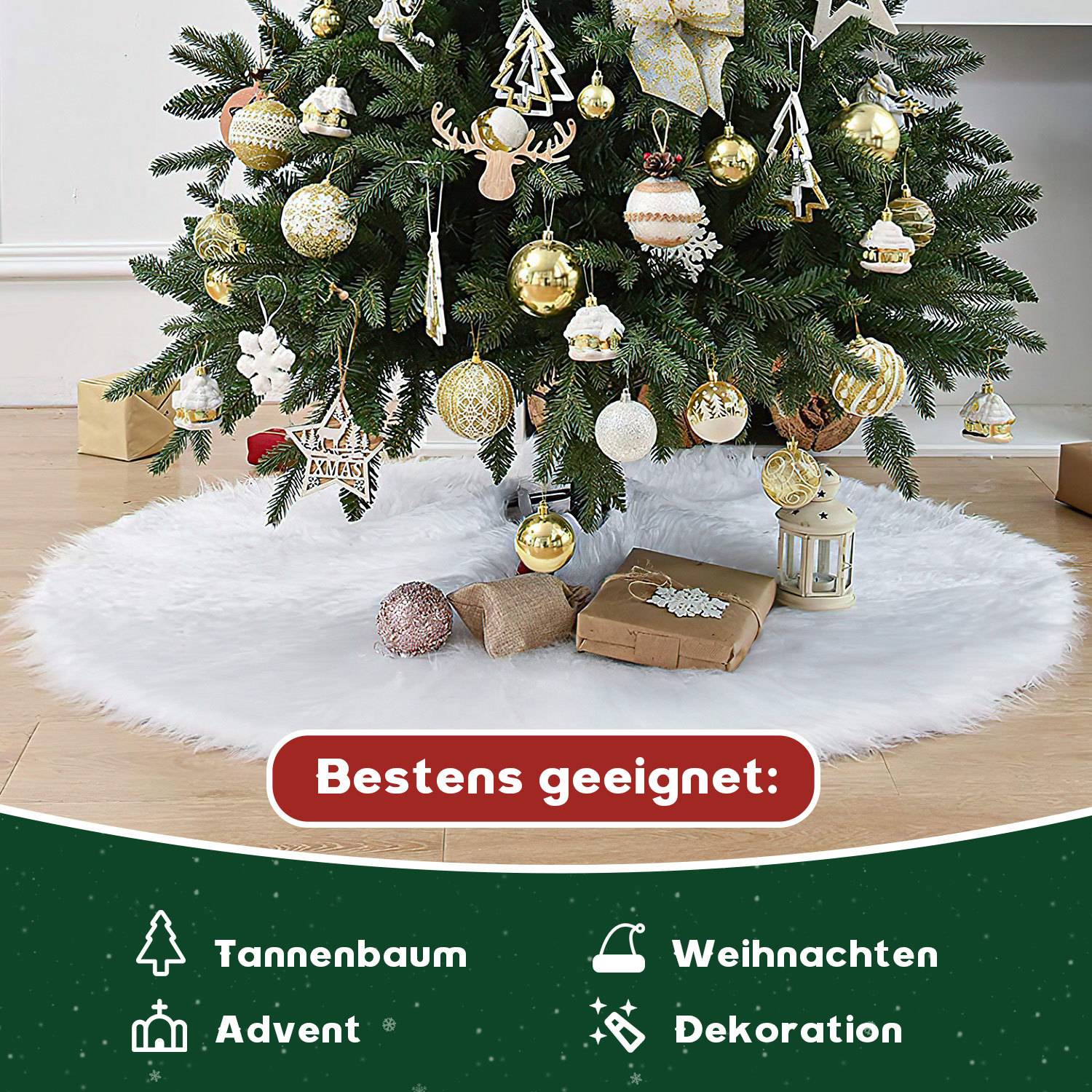 Weihnachtsbaumdecke 122 cm aus Langplüsch und Vliesstoff, runder Christbaumrock mit 10 cm Mittelöffnung in Weiß