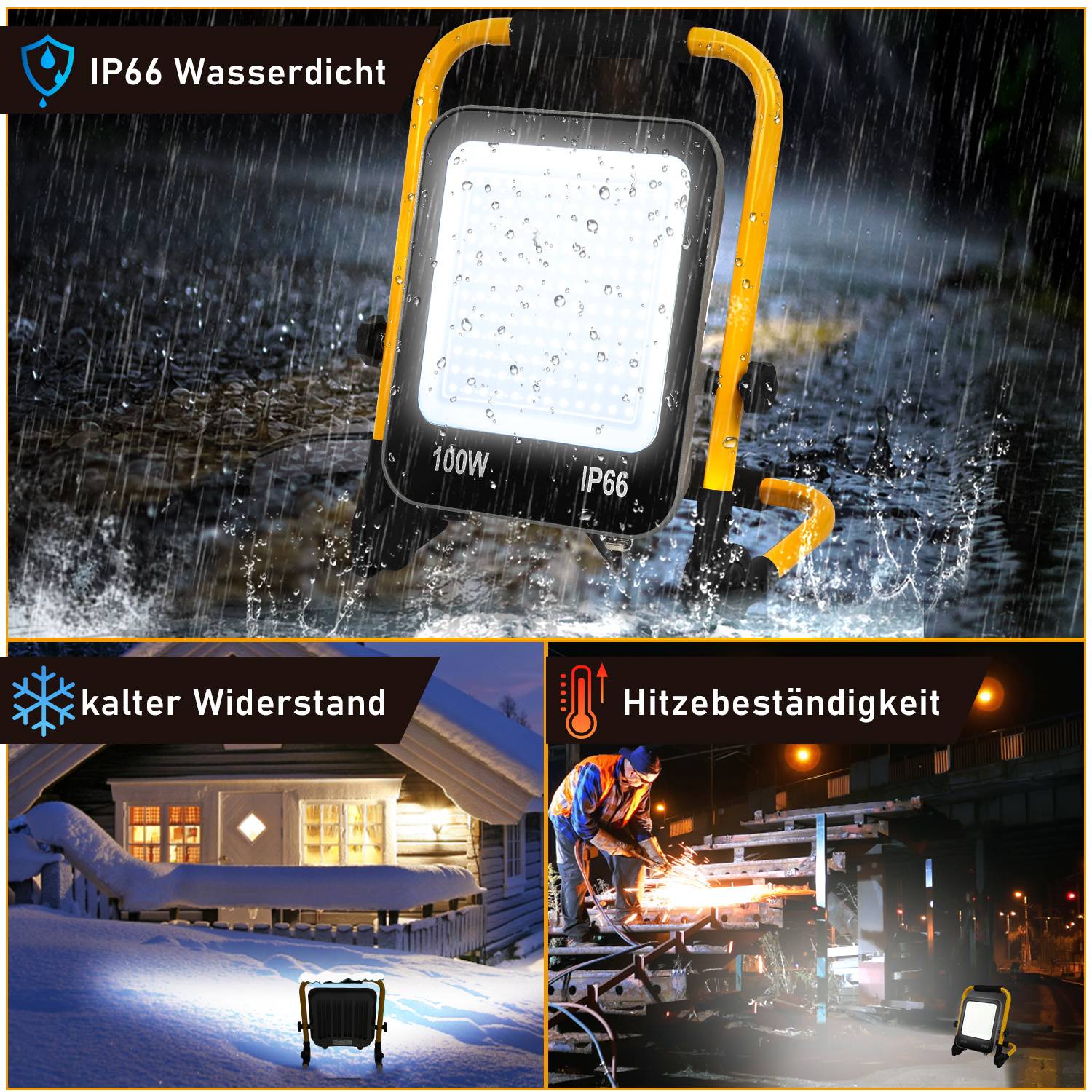 2er Set LED Baustrahler 50 W, 4000 lm, IP66, Arbeitsleuchte mit 3 m Kabel für Bau Industrie Außenbereich