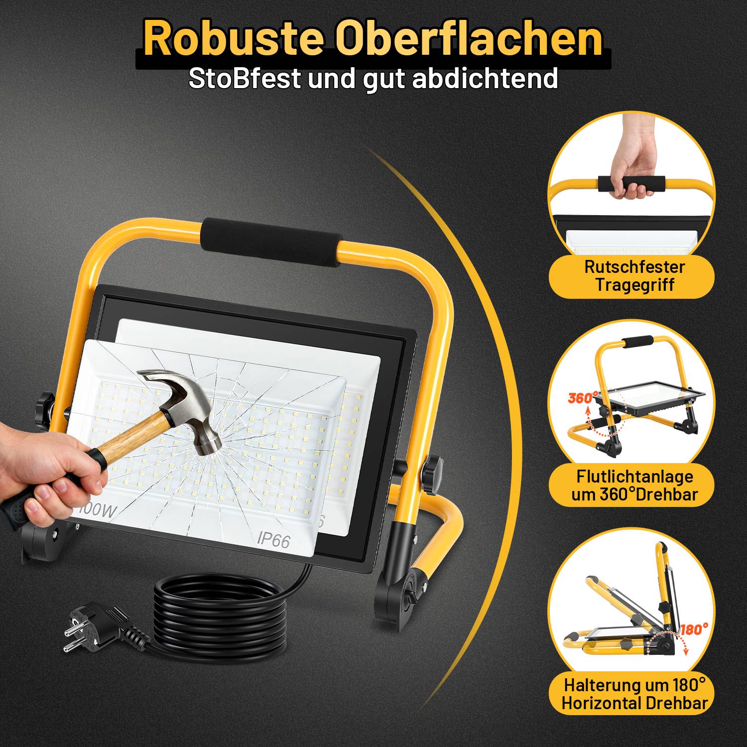 2 Stück LED Baustrahler 100W 8000lm 6500K Hochleistungs Flutlicht mit Standgestell &amp; 3m Kabel für Bau Industrie Außenbereich, Kaltweiß
