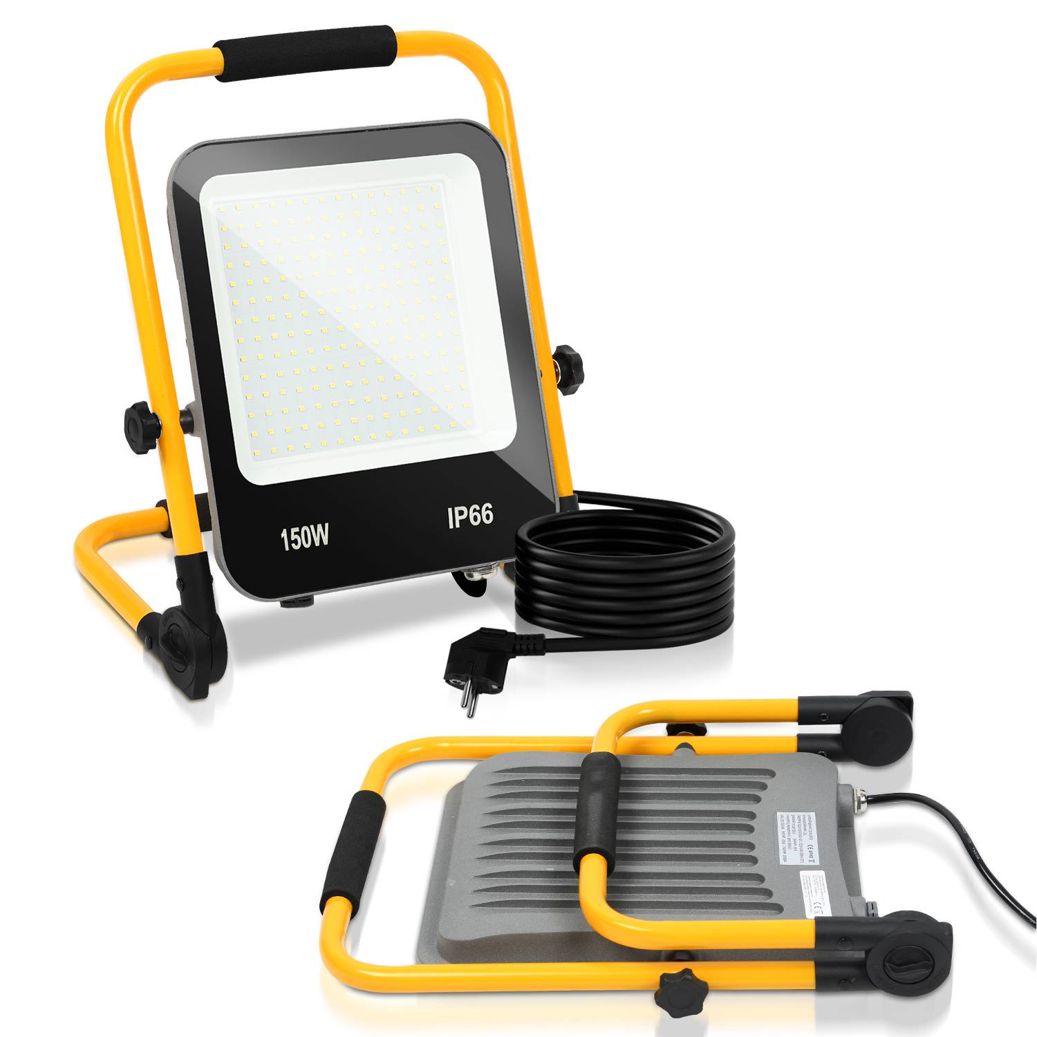 Tragbare 150W IP66 LED-Arbeitsleuchte mit gelbem Griff und aufgerolltem Stromkabel, von vorne und hinten auf weißem Hintergrund dargestellt.