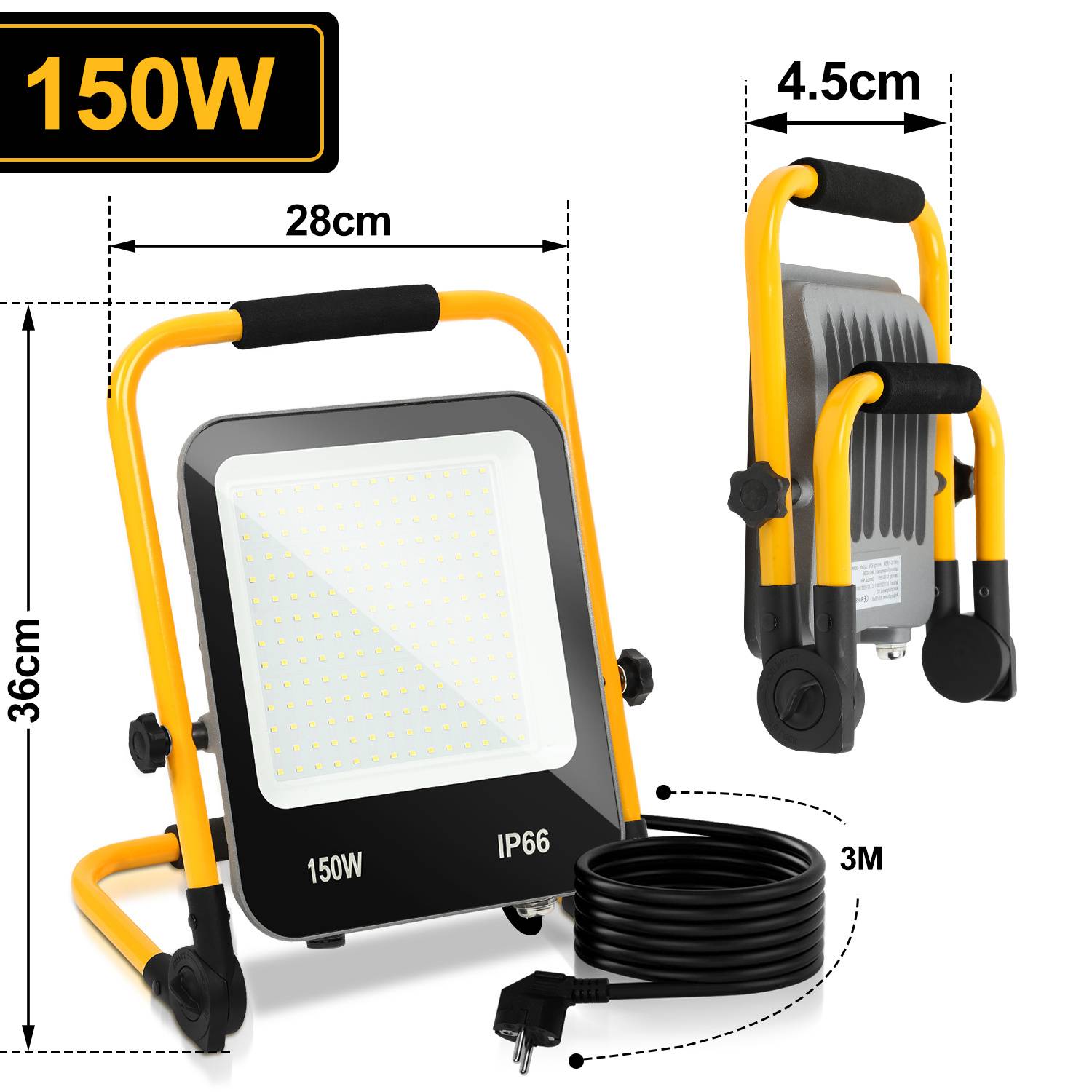 Tragbare 150W LED-Arbeitsleuchte mit gelbem klappbarem Gestell, 28cm breit und 36cm hoch, IP66-bewertet, mit 3m Stromkabel und 4,5cm Breite im zusammengeklappten Zustand.