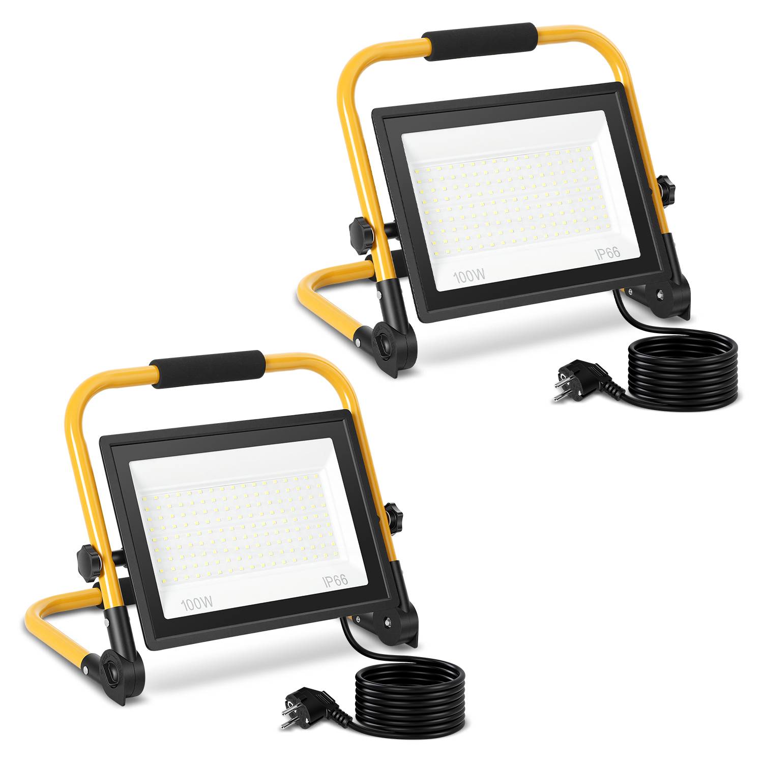 Zwei tragbare 100W LED-Arbeitsleuchten mit gelben Rahmen, schwarzen Ständern und aufgerollten Stromkabeln auf weißem Hintergrund.