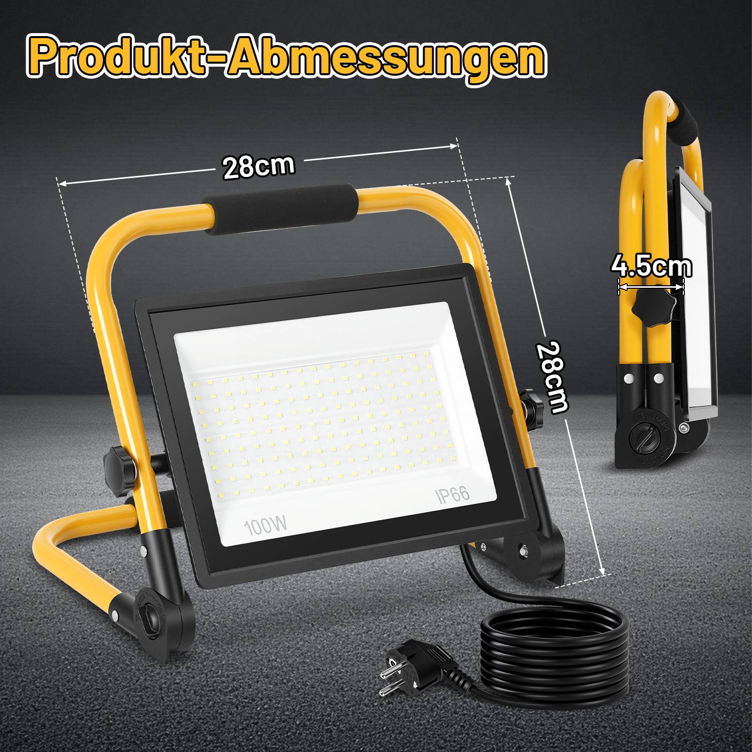 Produktabmessungen-Diagramm für ein gelbes tragbares LED-Flutlicht, gekennzeichnet mit 28 cm Breite, 28 cm Höhe und 4,5 cm Tiefe.